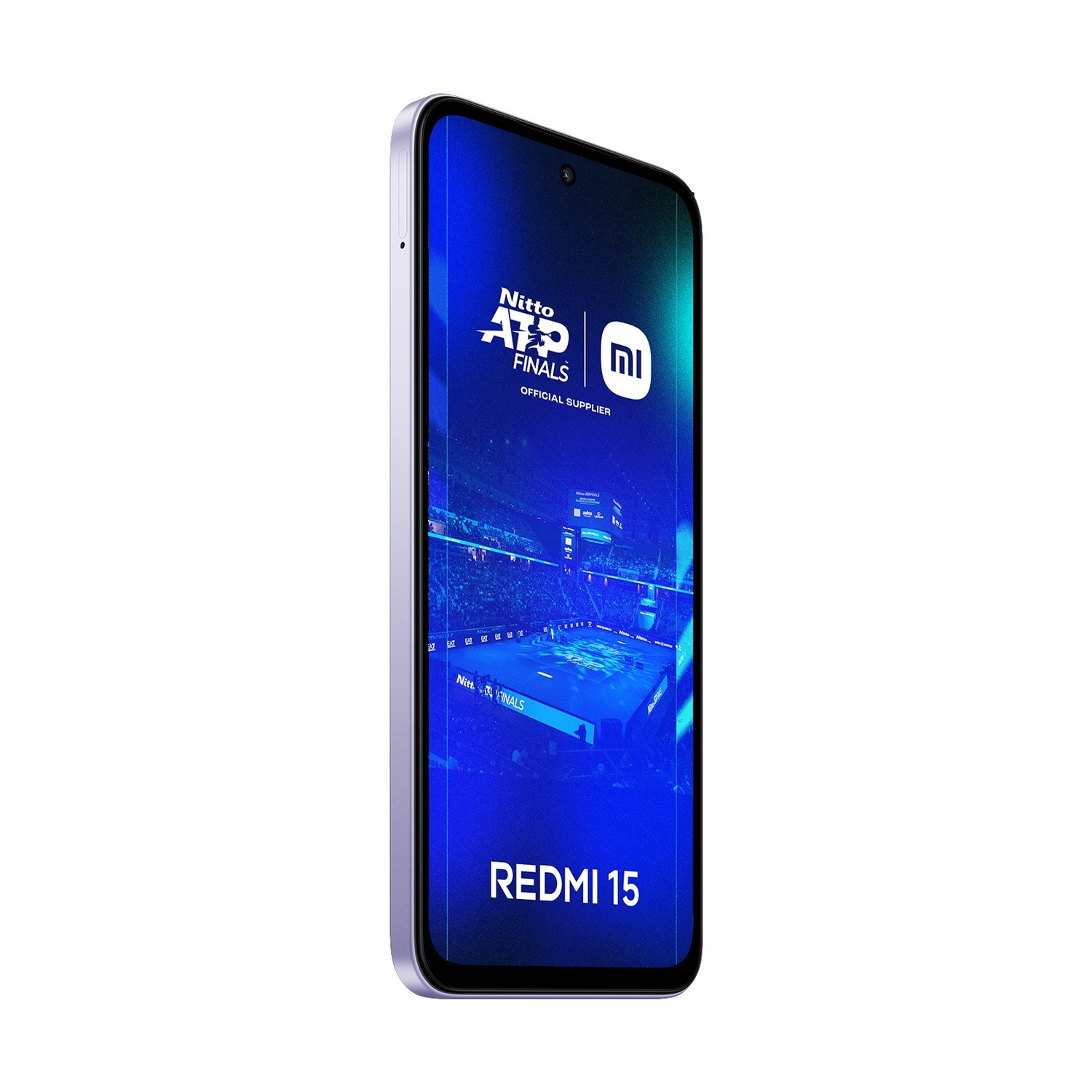 Uno smartphone mostra il logo Nitto ATP Finals e l'immagine di un campo da tennis. Il telefono è lilla chiaro e il marchio è Redmi 15.