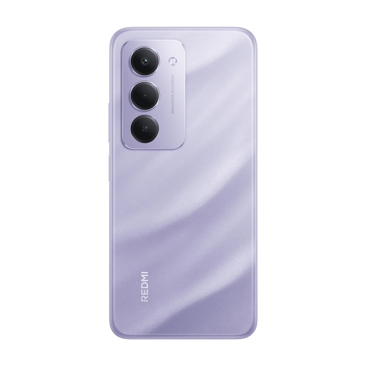 Retro di un telefono Redmi viola con tre fotocamere e un flash. Logo Redmi in basso. Il telefono su sfondo bianco.