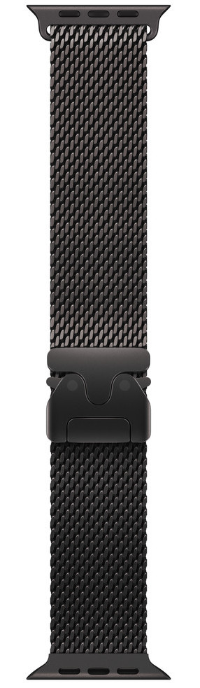 Schwarzes Apple Watch-Armband. Es ist ein Mesh-Design mit einem schwarzen Verschluss und Steckern. Der Hintergrund ist weiß.