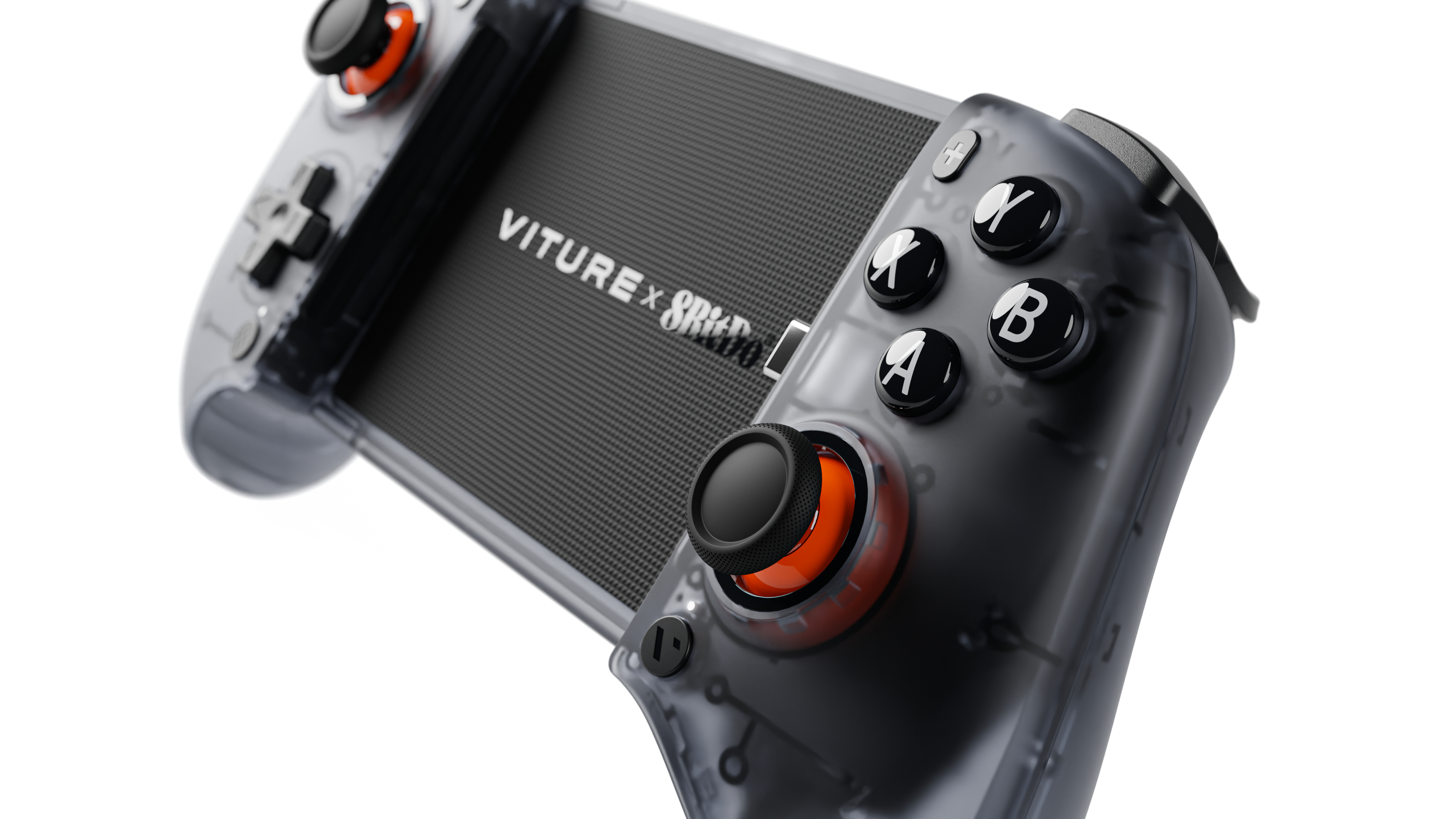 Ein transparentes Gamepad mit schwarzen Knöpfen, orangefarbenen und schwarzen Joysticks und dem Logo "Viture x 8BitDo".