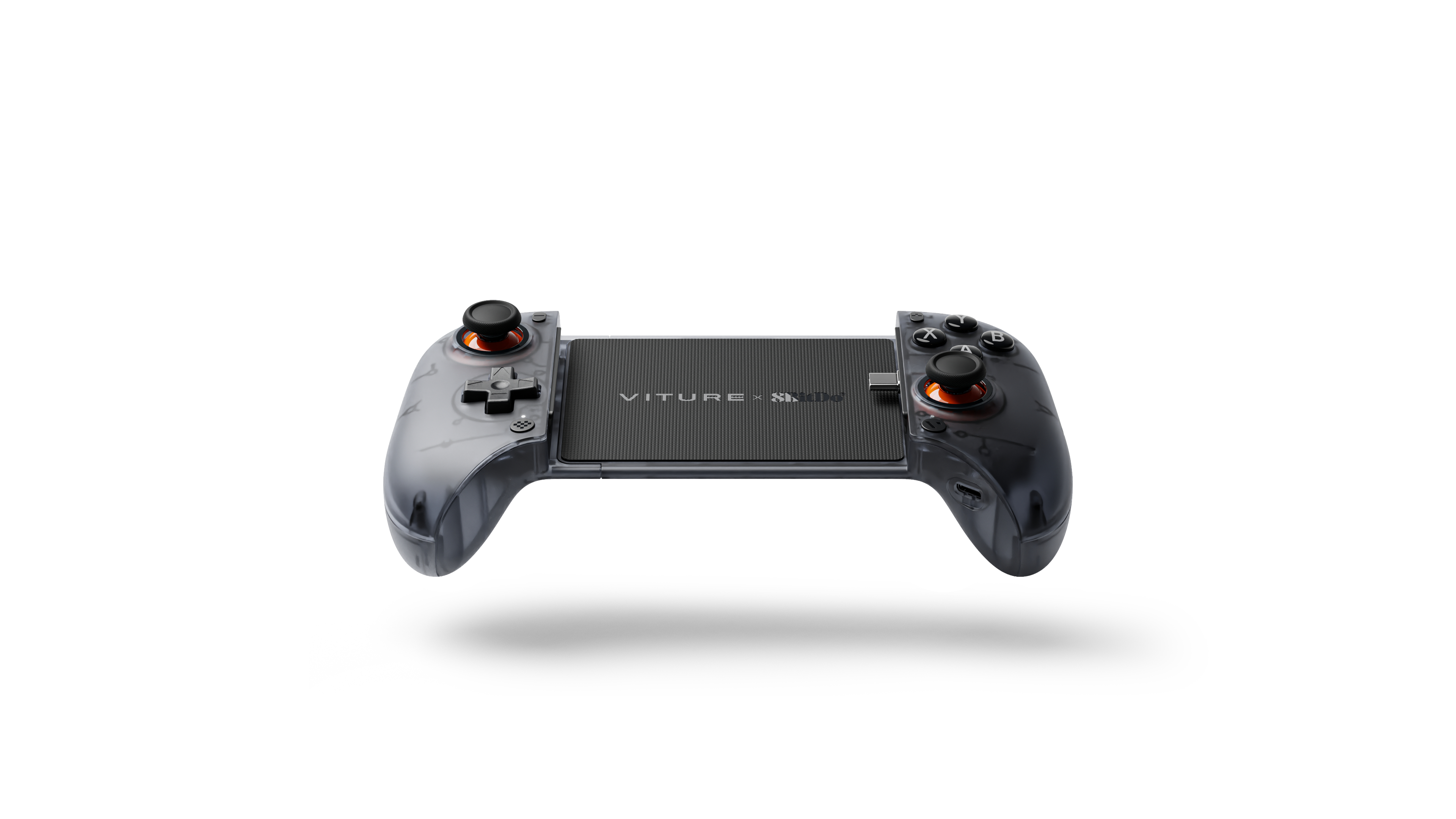 Ein Gaming-Controller mit transparentem grauem Kunststoff, schwarzen Knöpfen, orangefarbenen Akzenten und der Marke Viture. Er schwebt vor weißem Hintergrund.