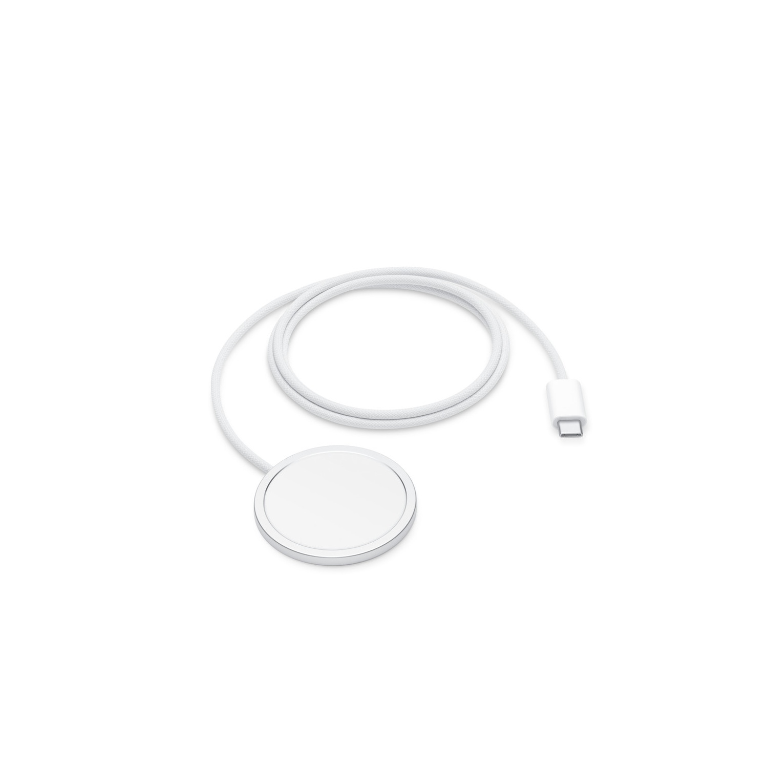 Un chargeur MagSafe blanc avec un câble blanc et un connecteur USB-C sur fond blanc.