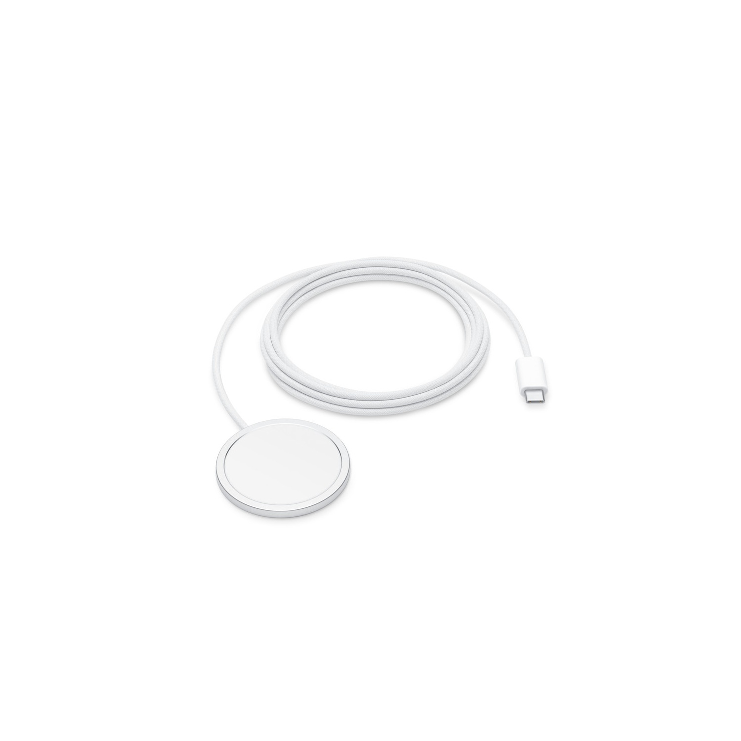 Un chargeur sans fil circulaire blanc avec un câble blanc connecté et un connecteur USB-C sur fond blanc.