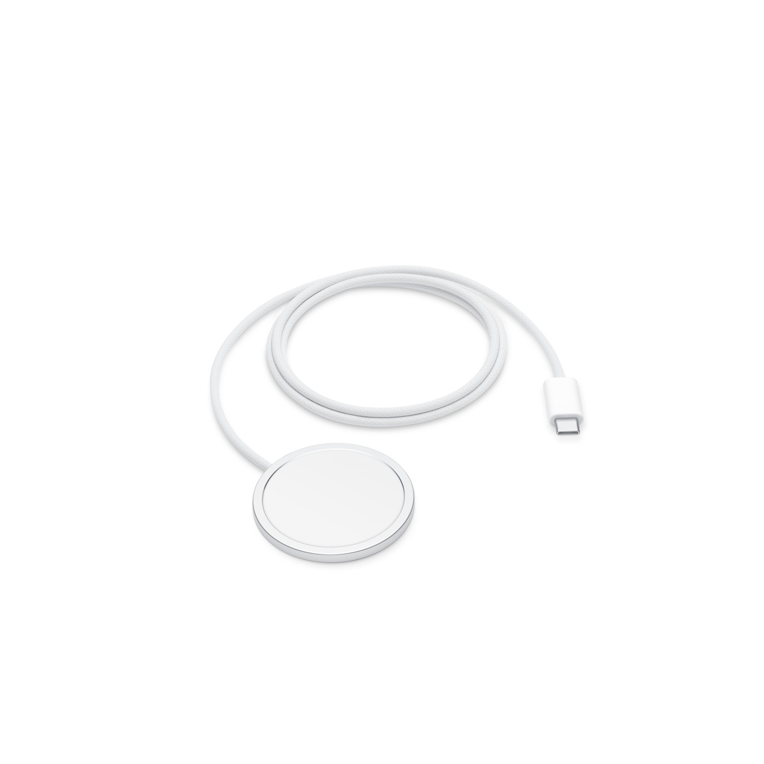A white Apple MagSafe charger with a USB-C cable, on a white background.