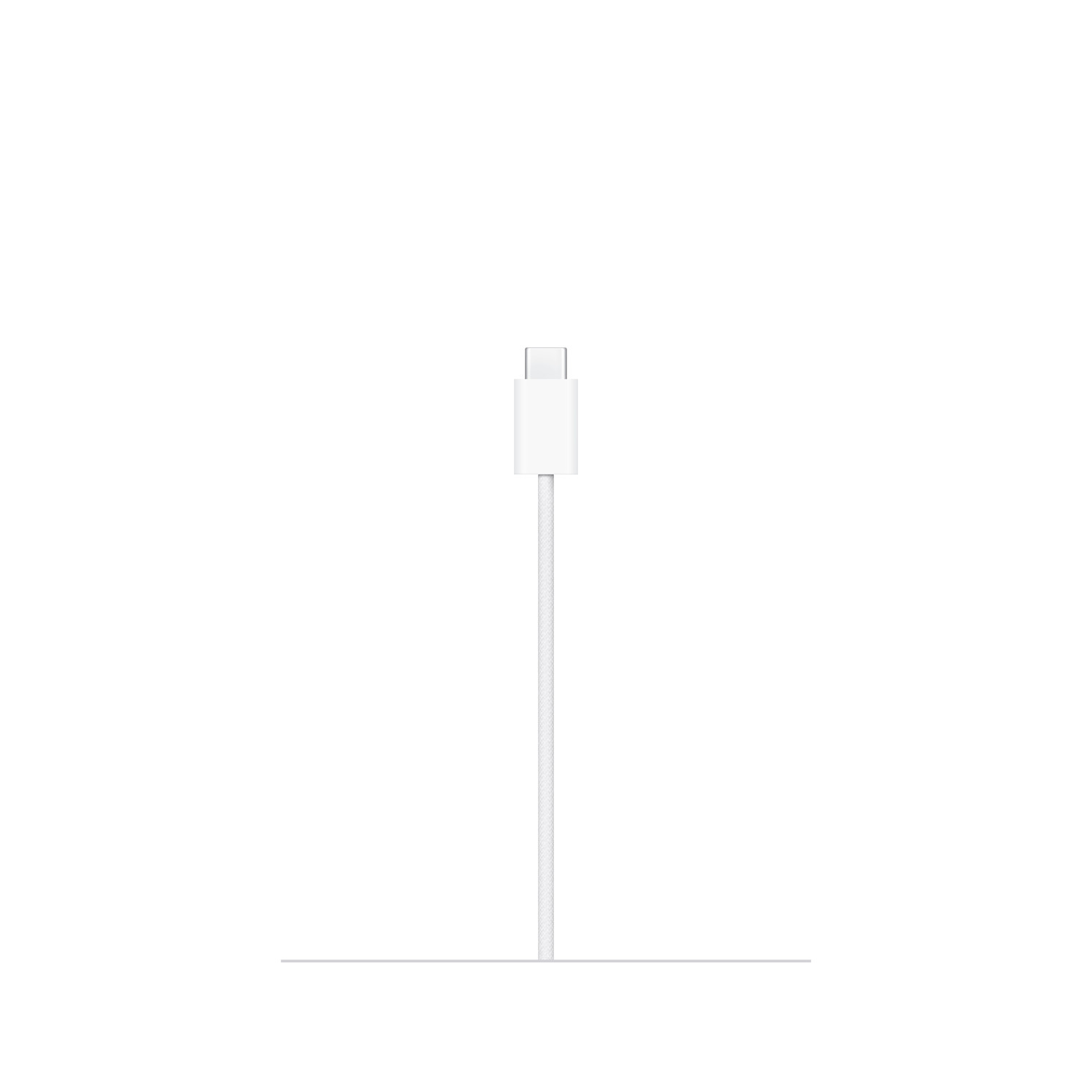 A white USB-C charging cable stands vertically against a white background. The cable has a USB-C connector at the top.