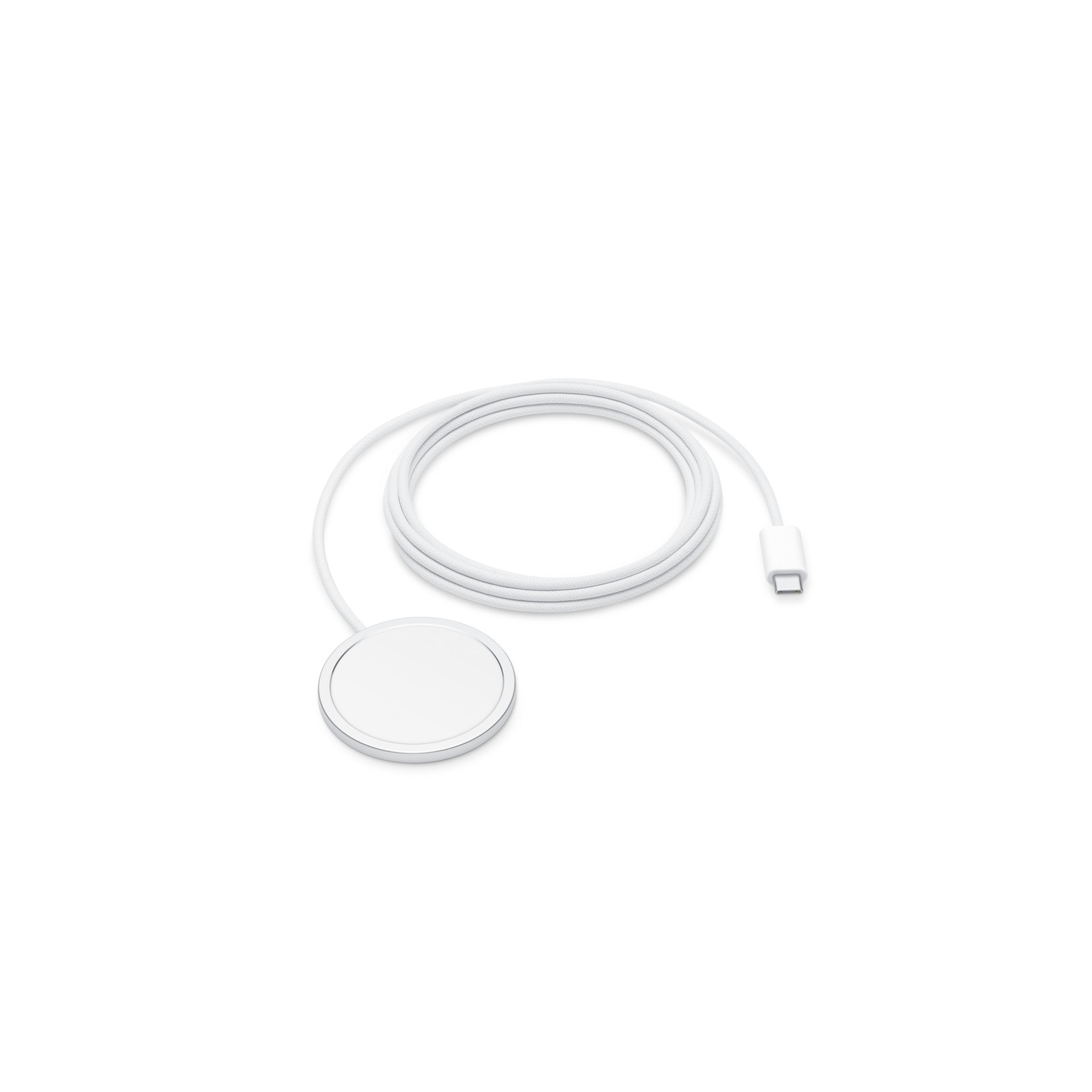 A white MagSafe charger with a white cable, coiled on a white surface. A USB-C connector is visible.