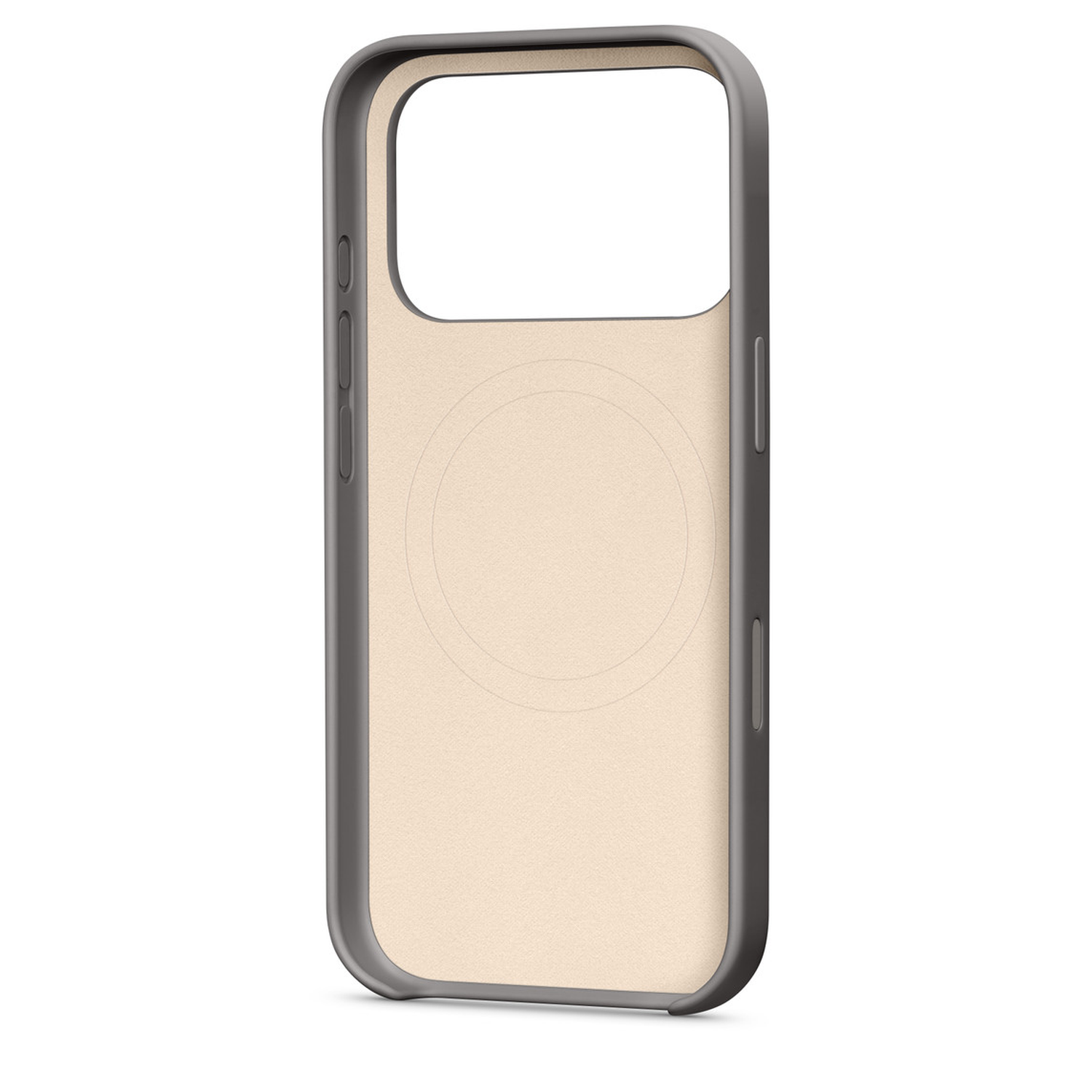 Een iPhone-hoesje met een grijs frame en een beige interieur. De hoes heeft uitsparingen voor de camera en knoppen, en een MagSafe cirkel.