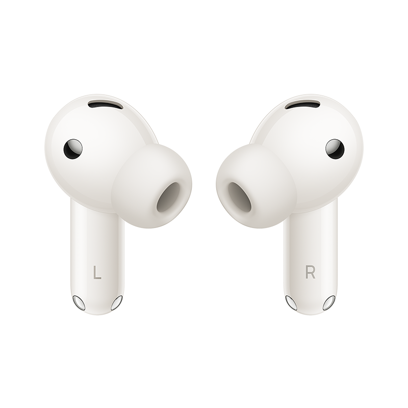 Dos auriculares inalámbricos blancos, uno marcado con 'L', el otro con 'R'. Cada uno tiene un punto negro y una pequeña abertura.