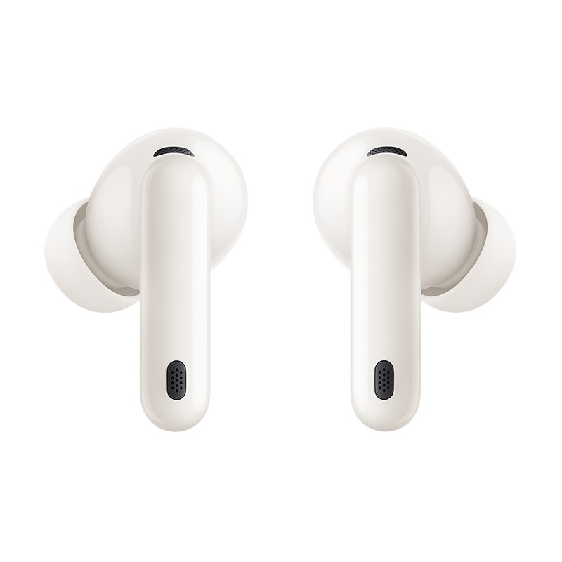 Dos auriculares inalámbricos blancos sobre un fondo a cuadros. Cada auricular tiene un tallo con un patrón de puntos negros.