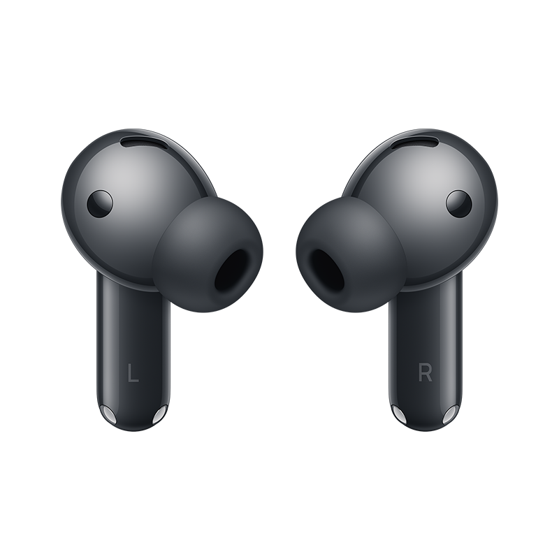 Se muestran dos auriculares inalámbricos de color gris oscuro. El auricular izquierdo tiene una 'L' y el derecho una 'R'.