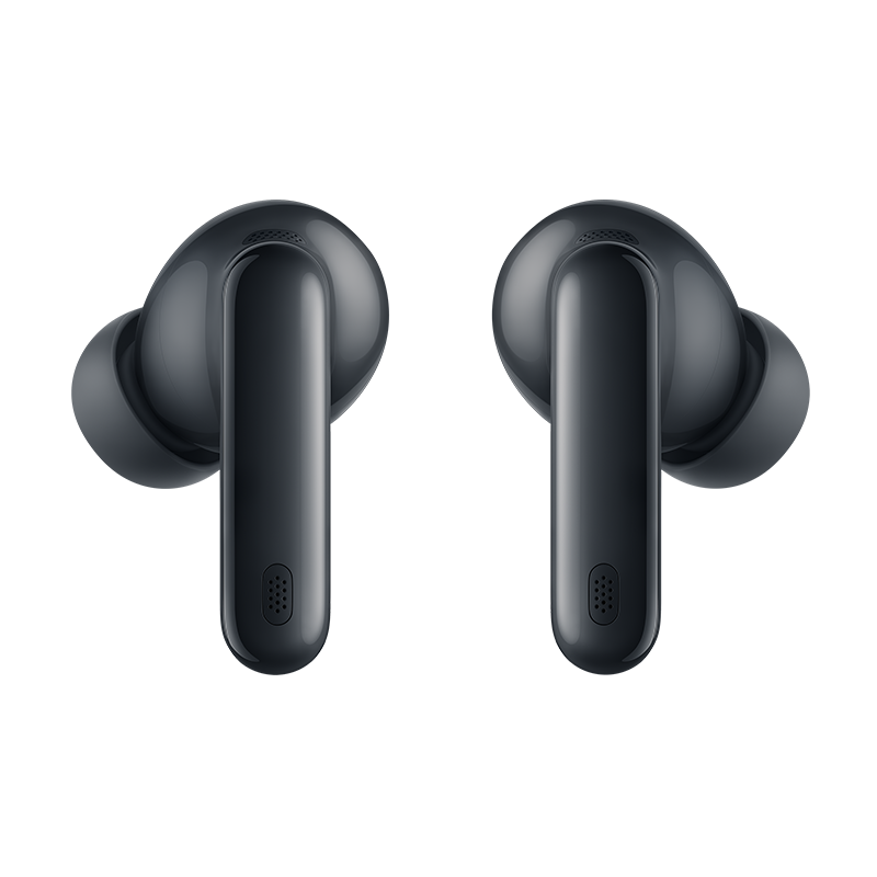 Dos auriculares inalámbricos negros. Cada uno tiene una parte superior redondeada y un vástago rectangular con un pequeño orificio para el micrófono.