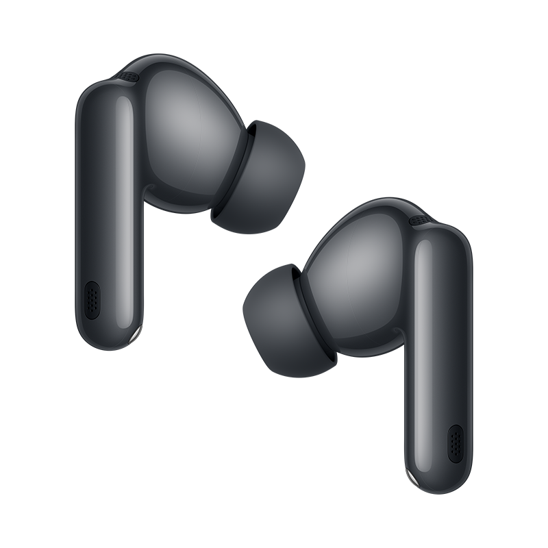 Dos auriculares inalámbricos grises oscuros. Cada uno tiene una punta de oído redondeada y un cuerpo largo y rectangular. Sobre un fondo gris.