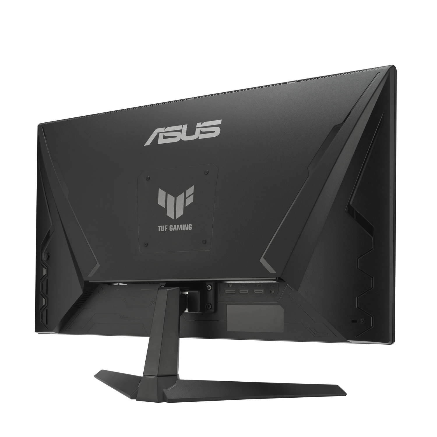 Parte trasera de un monitor ASUS TUF Gaming negro. El soporte es visible. También son visibles el logotipo de ASUS y el logotipo de TUF Gaming.