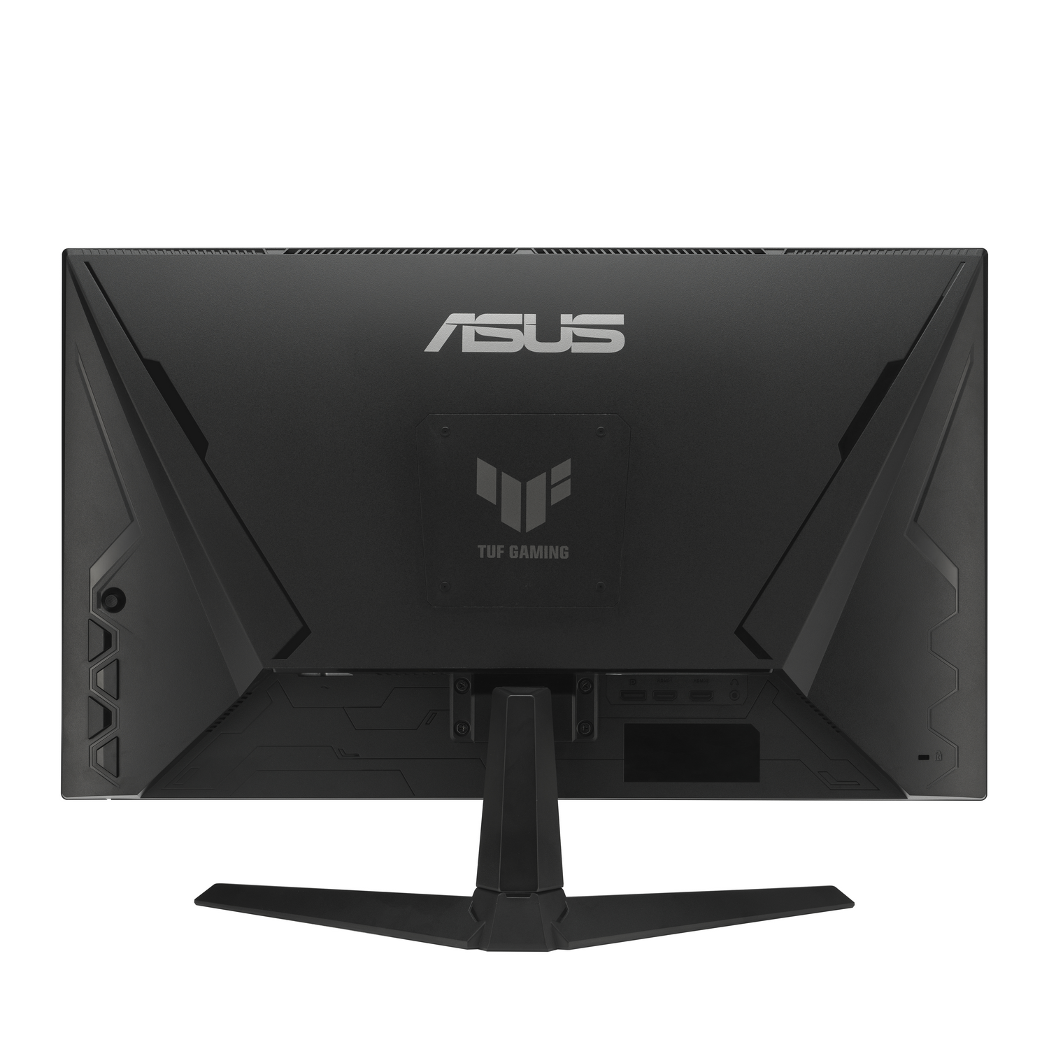 Parte trasera del monitor ASUS TUF Gaming negro. Cuenta con el logotipo de ASUS, el emblema TUF Gaming y varios puertos. Base ancha.