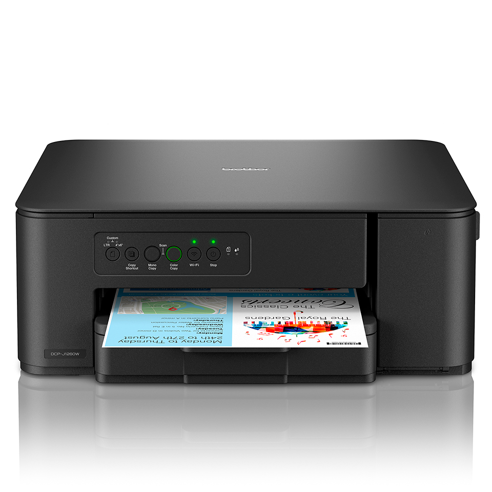 Una impresora negra Brother DCP-J1260W. Hay un papel impreso en la bandeja. Luces verdes encendidas. El fondo es blanco.