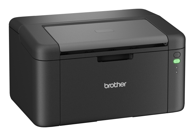 Se muestra una impresora láser Brother negra. Tiene una cubierta superior, una bandeja de papel frontal y un botón de encendido con luces indicadoras.