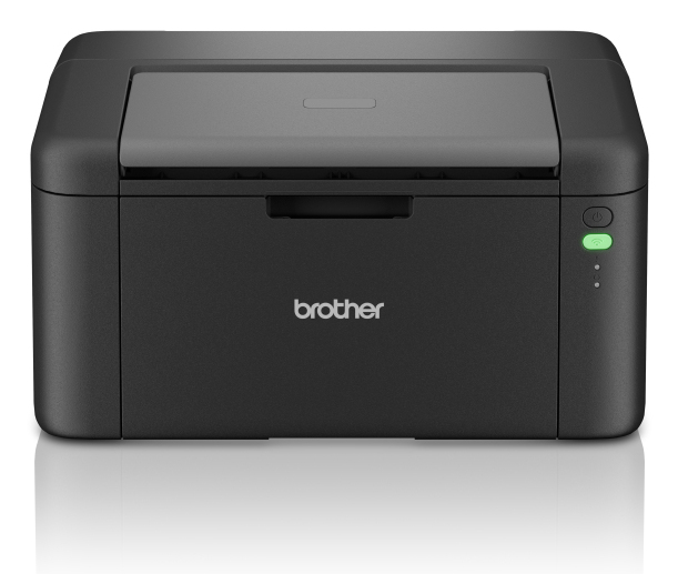 Impresora Brother negra. Cuenta con botón de encendido con luz verde e indicador Wi-Fi. Logotipo 'brother' al frente.