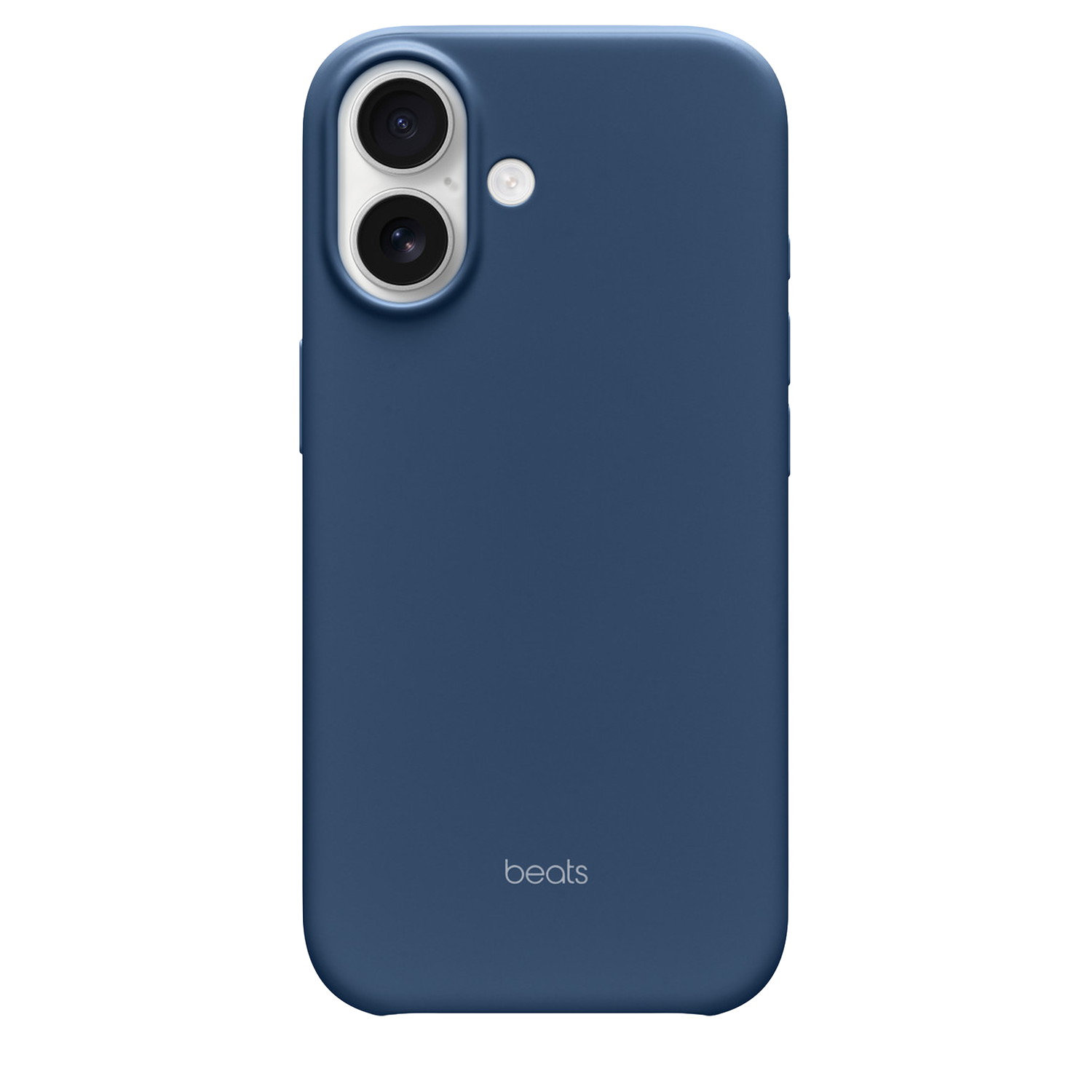Une coque de téléphone bleu marine avec le logo Beats en bas. Elle comporte une découpe pour l'appareil photo avec deux lentilles et un flash.