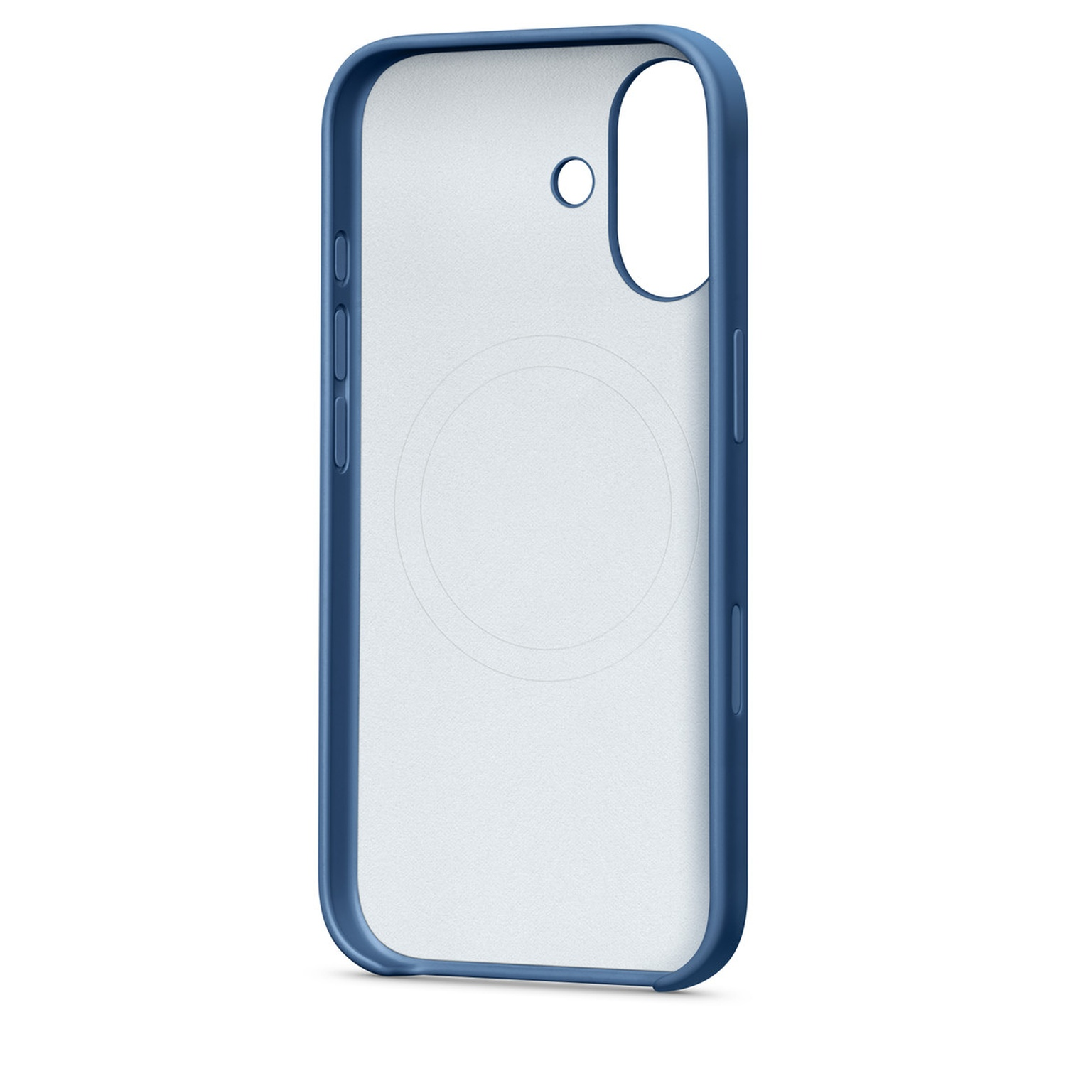 Une coque de téléphone bleue avec un dos transparent. Elle comporte des découpes pour l'appareil photo et les boutons. La coque est sur fond blanc.