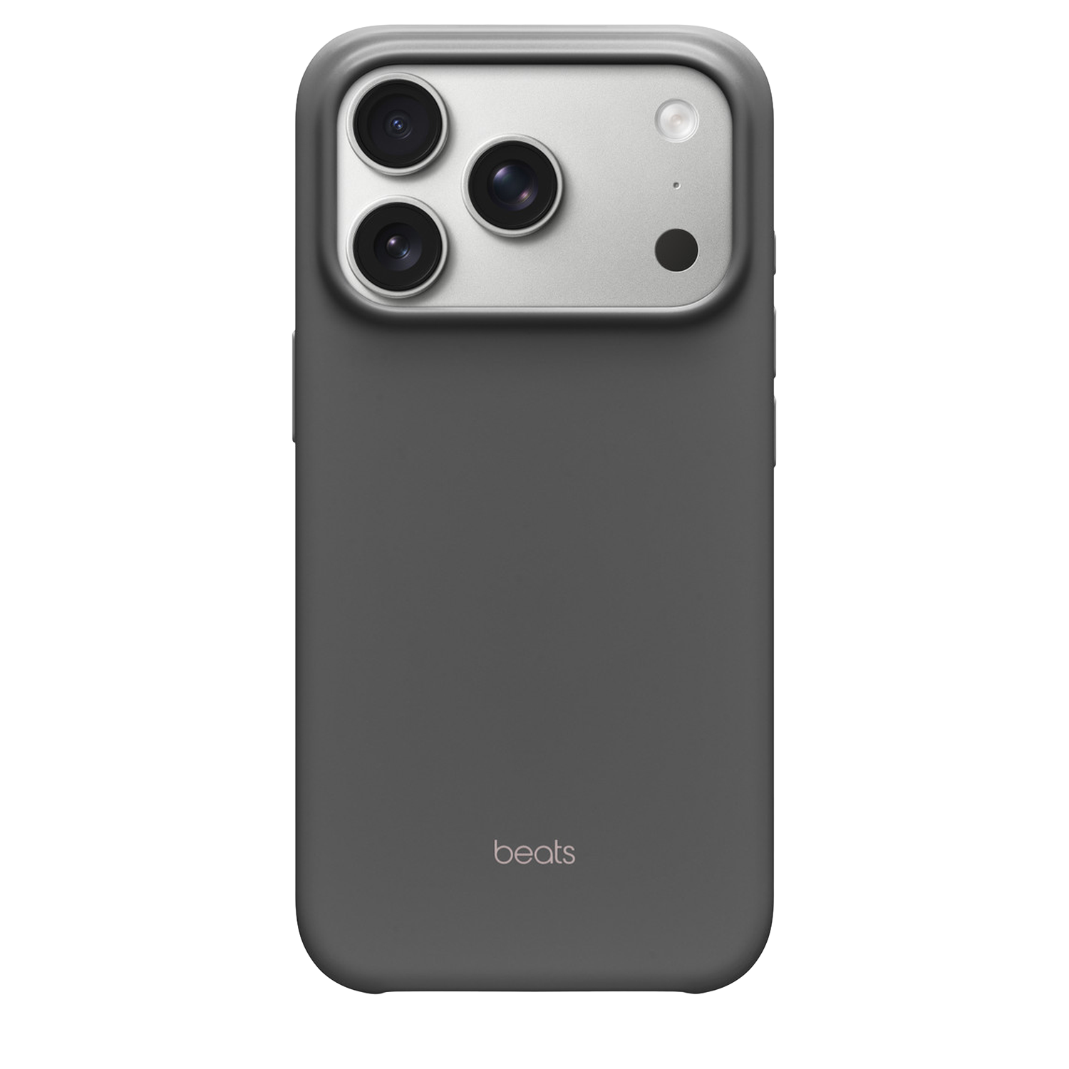 Une coque de téléphone gris foncé avec trois caméras et un flash. Le logo 'beats' est en bas.