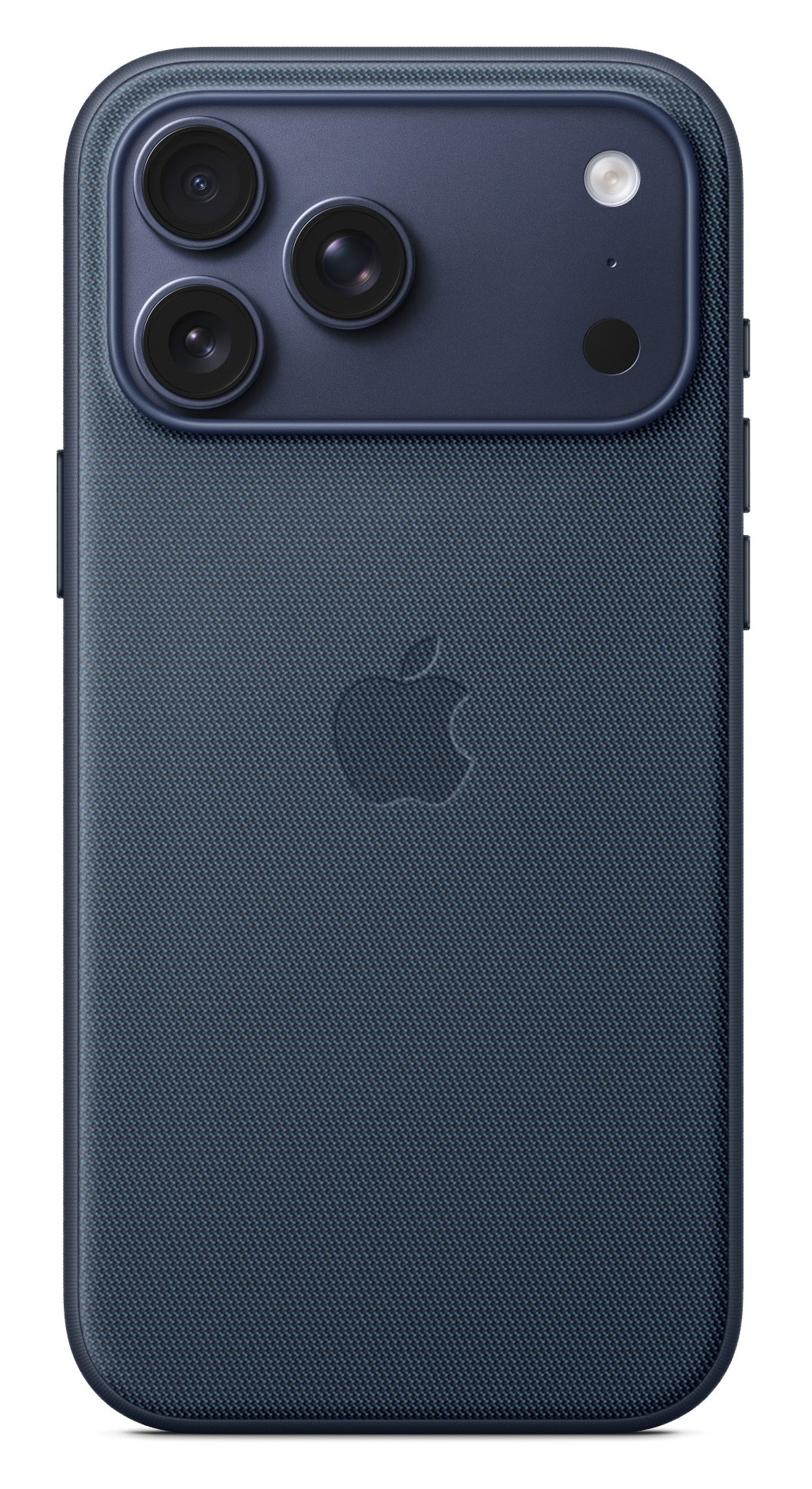 Granatowy tył iPhone'a z logo Apple, potrójnym aparatem i lampą błyskową. Teksturowana powierzchnia.