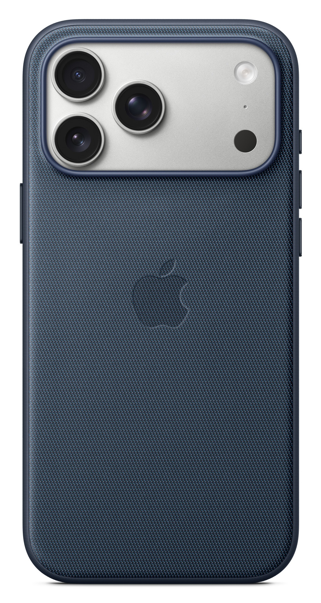 Ciemnoniebieski tył iPhone'a. Srebrna obudowa aparatu z trzema obiektywami, lampą błyskową i ciemną plamą. Widoczne logo Apple.