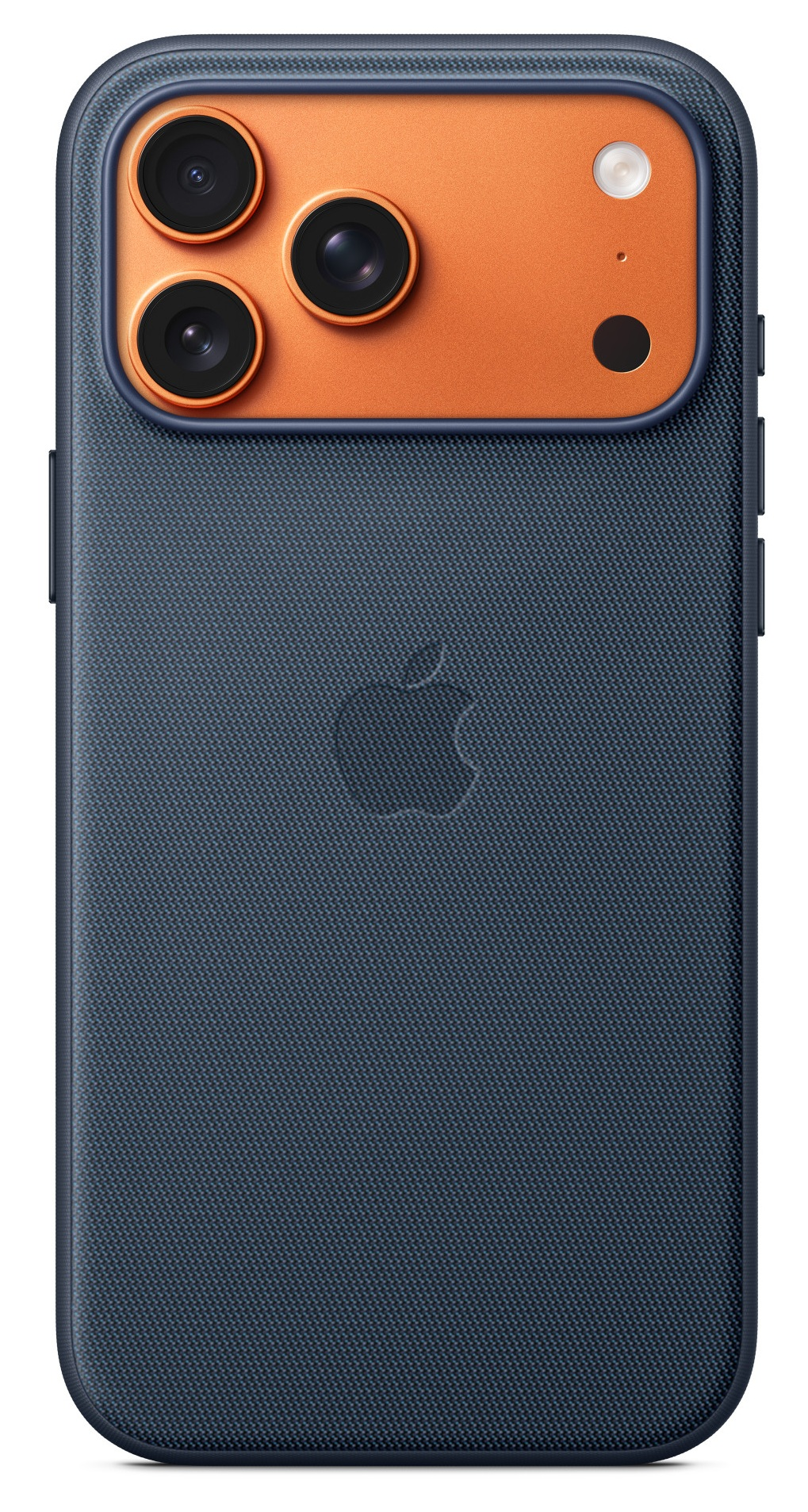 Ciemnoniebieskie etui na telefon z pomarańczową obudową aparatu. Widoczne trzy obiektywy i lampa błyskowa. Logo Apple na środku.
