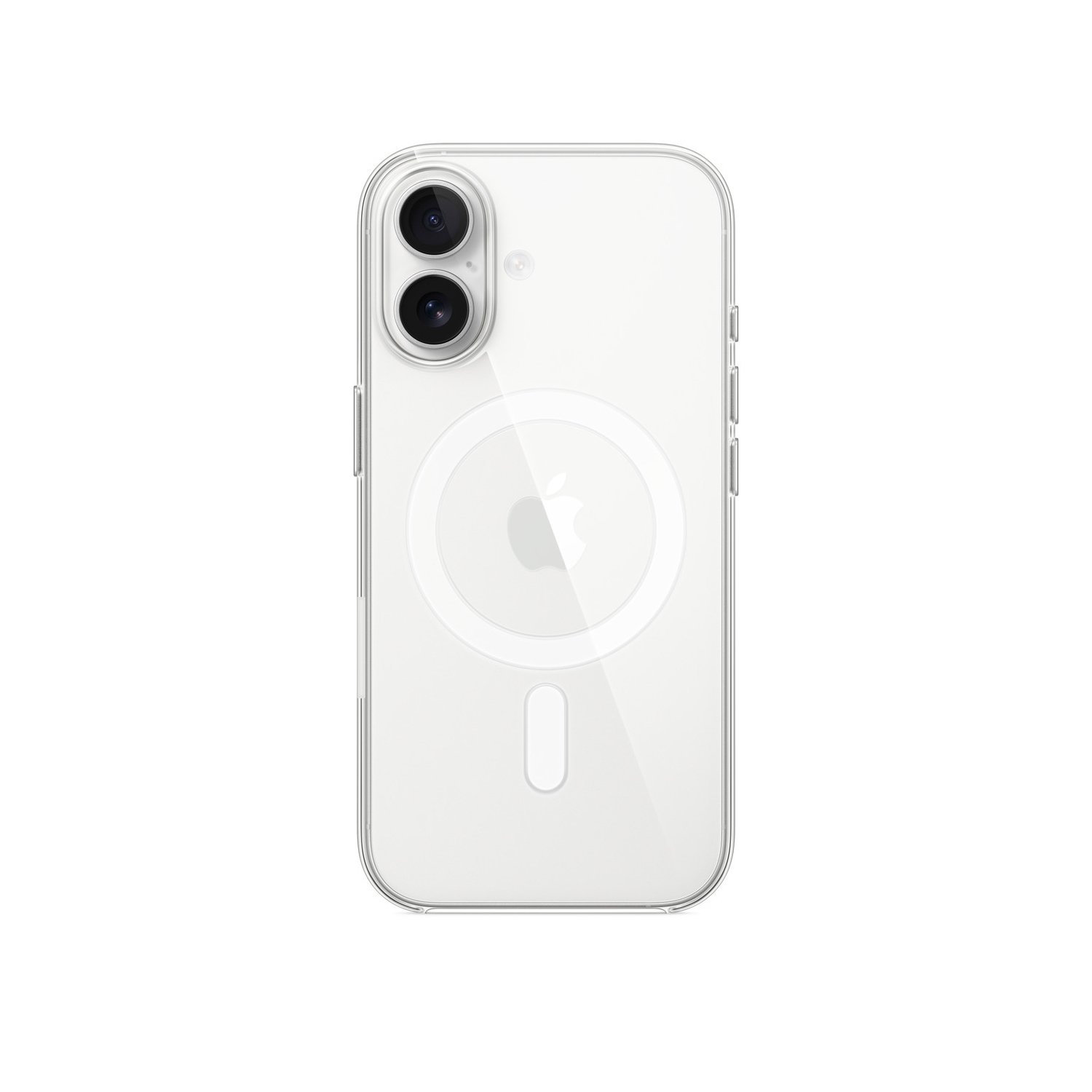 Een doorzichtige telefoonhoes voor een iPhone. De hoes heeft twee cameralenzen, een Apple-logo en een MagSafe-ring.