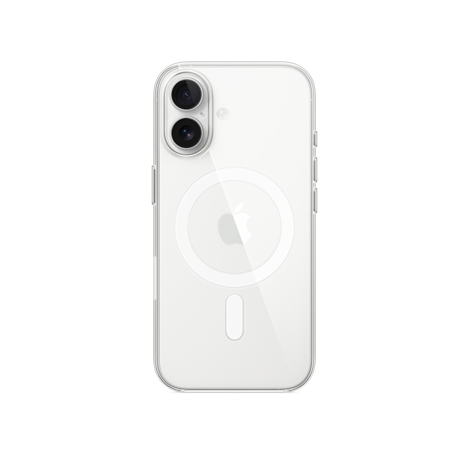 Een doorzichtige iPhone-hoes, die de achterkant van de telefoon laat zien. Het heeft een dubbele camera-opstelling en een MagSafe-cirkel. Het Apple-logo is zichtbaar.
