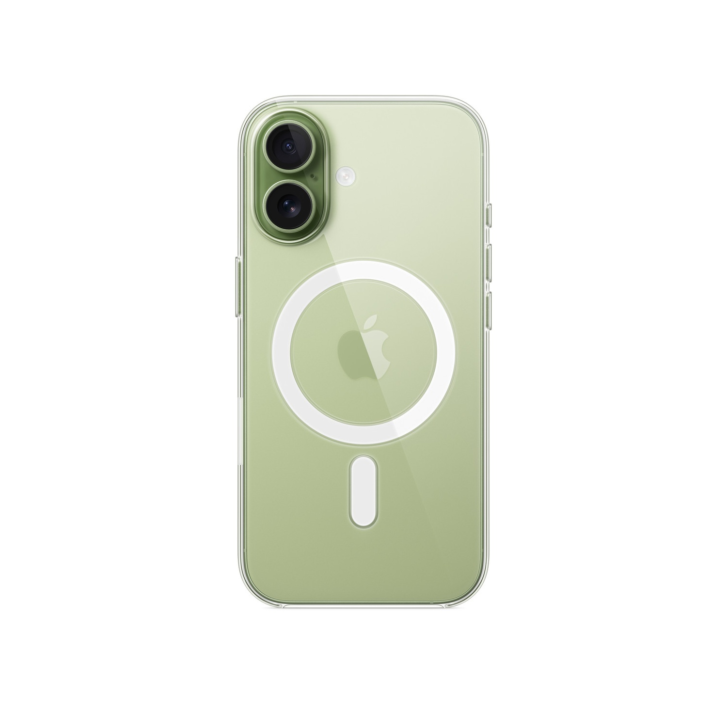 Een Apple iPhone in een doorzichtige hoes. De telefoon is lichtgroen. De hoes heeft een witte cirkel en een witte verticale rechthoek.