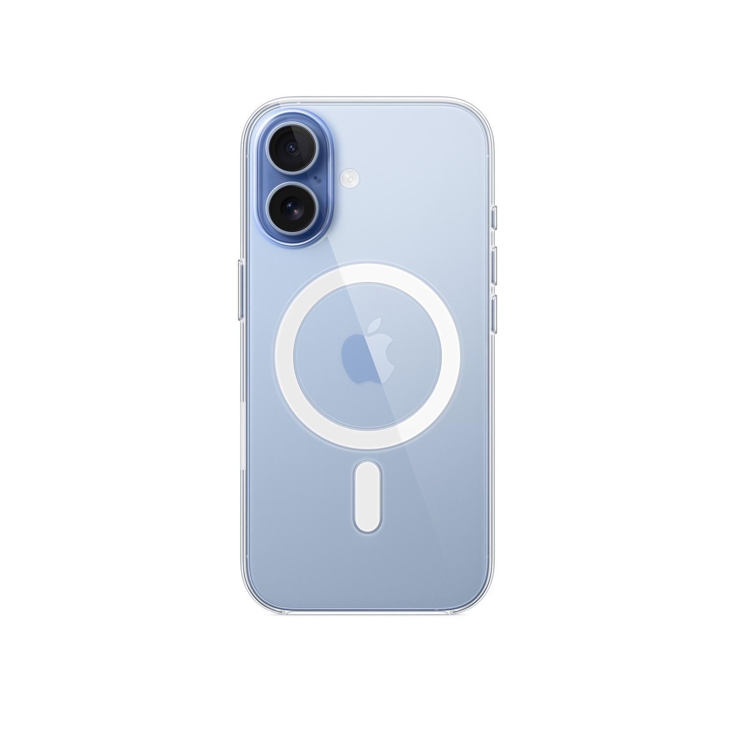 Transparante telefoonhoes op lichtblauwe achtergrond. Zichtbaar zijn de cameralenzen, Apple-logo en MagSafe-ring.