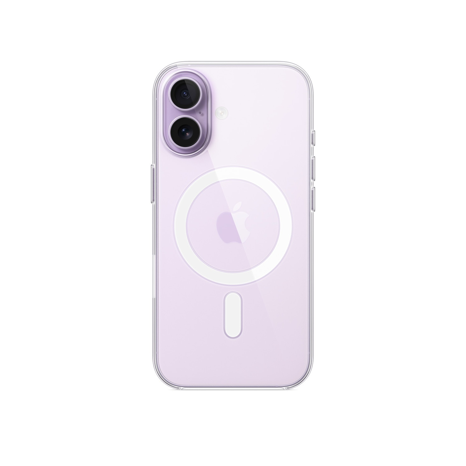 Een doorzichtig telefoonhoesje met een lila achterkant, met twee cameralenzen, een Apple-logo en een witte MagSafe-ring.