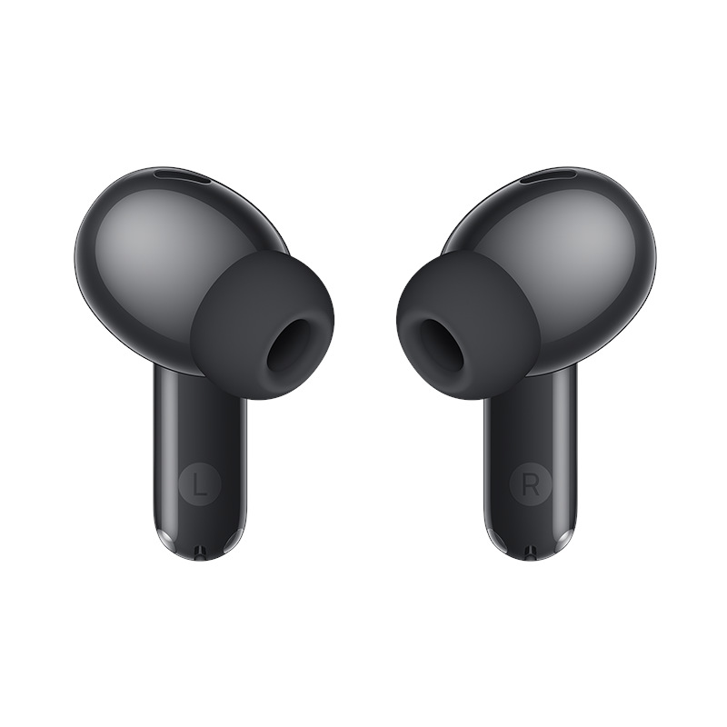 Dwa czarne bezprzewodowe słuchawki, jeden z napisem 'L' i drugi 'R', na białym tle. Każdy ma zaokrągloną słuchawkę.