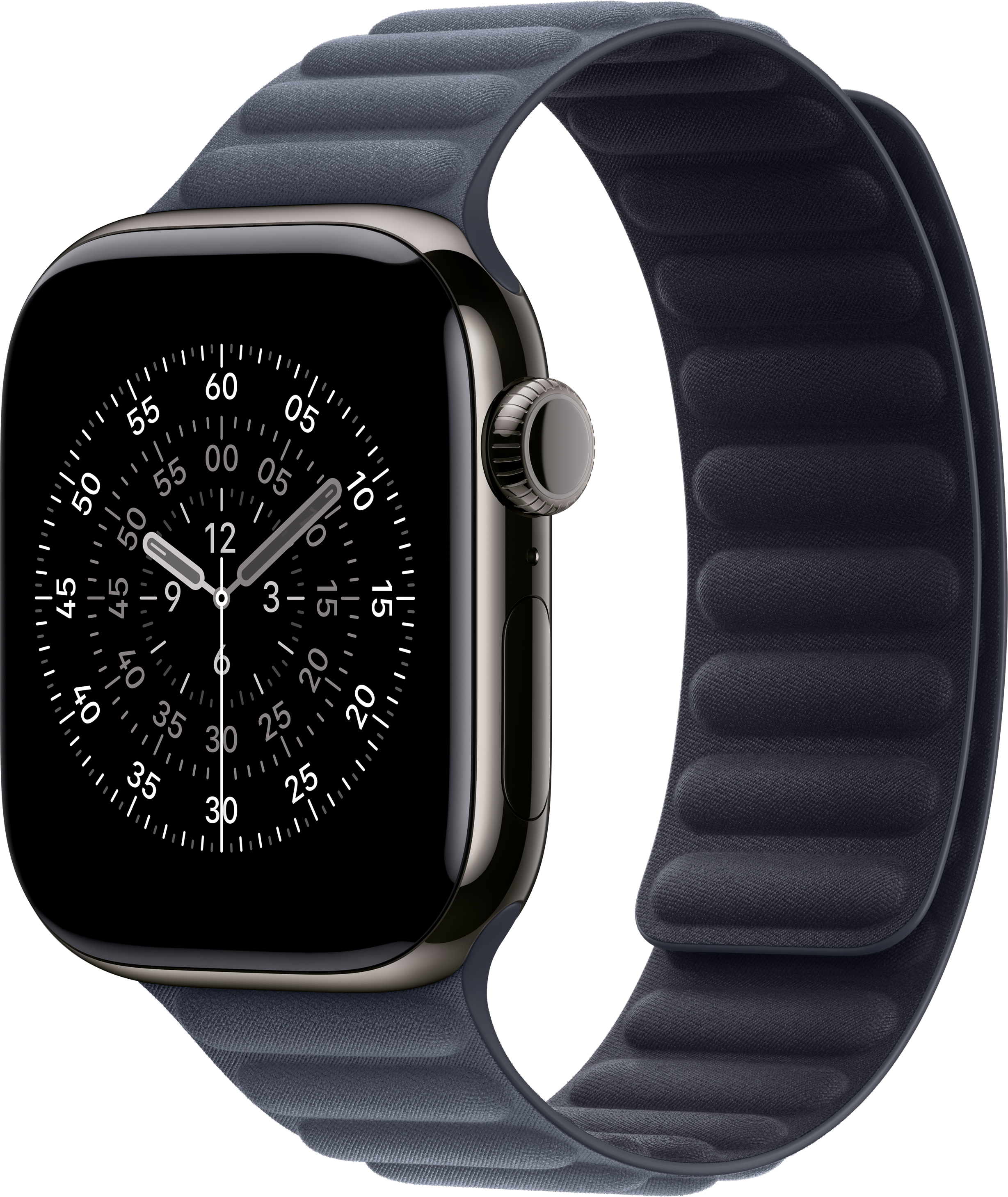 Dunkelgraue Apple Watch mit passendem Armband. Das Zifferblatt zeigt die Uhrzeit. Schwarzer Hintergrund.