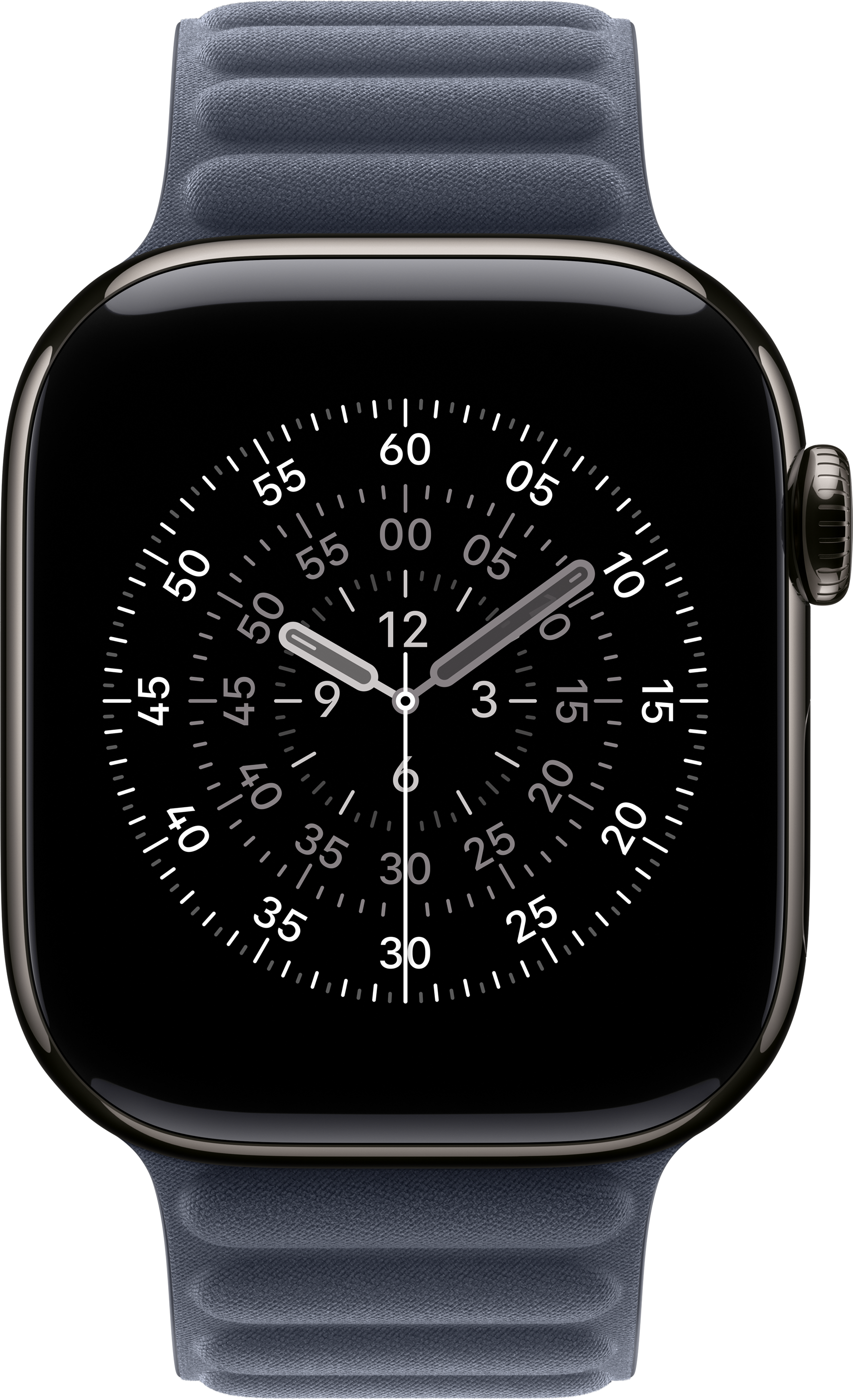 Eine schwarze Smartwatch mit blauem Armband. Das Zifferblatt zeigt die Uhrzeit. Der Hintergrund ist schwarz.