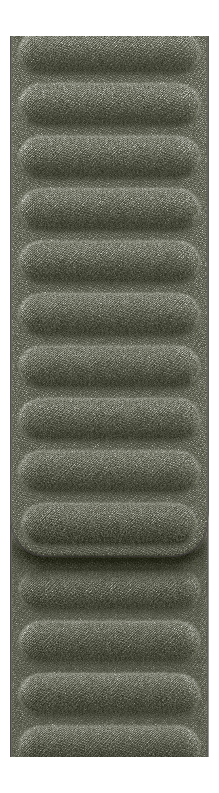 Olivgrünes, strukturiertes Apple Watch-Armband. Es hat ein gepolstertes, geripptes Design. Der Hintergrund ist schwarz.