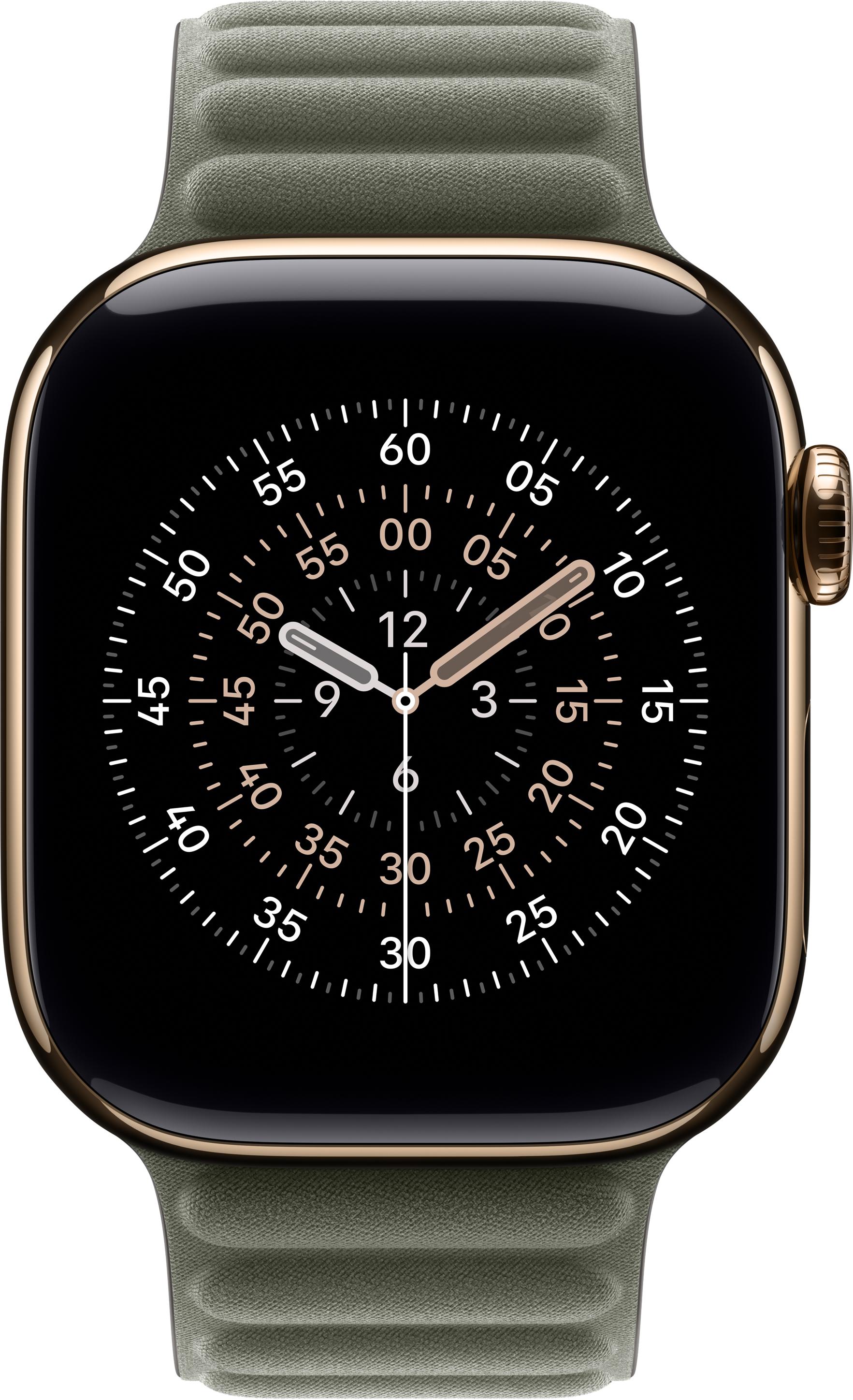 Eine goldene Apple Watch mit schwarzem Zifferblatt und olivgrünem Armband. Die Uhr zeigt die Zeit mit Zeigern auf 9 und 2.