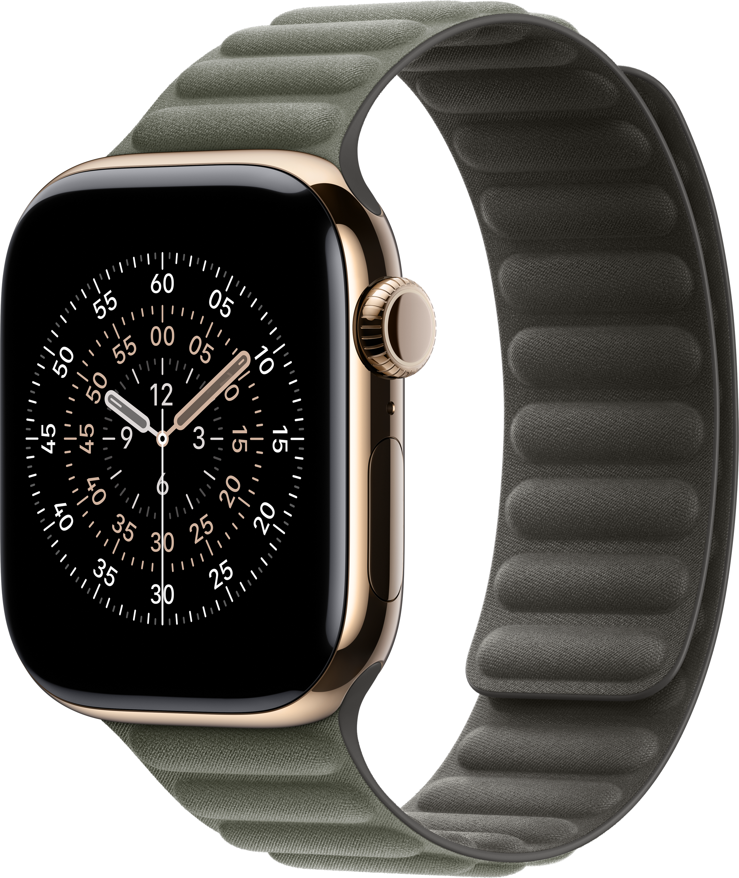 Goldene Apple Watch mit grünem Armband. Das Zifferblatt zeigt die Uhrzeit. Schwarzer Hintergrund.