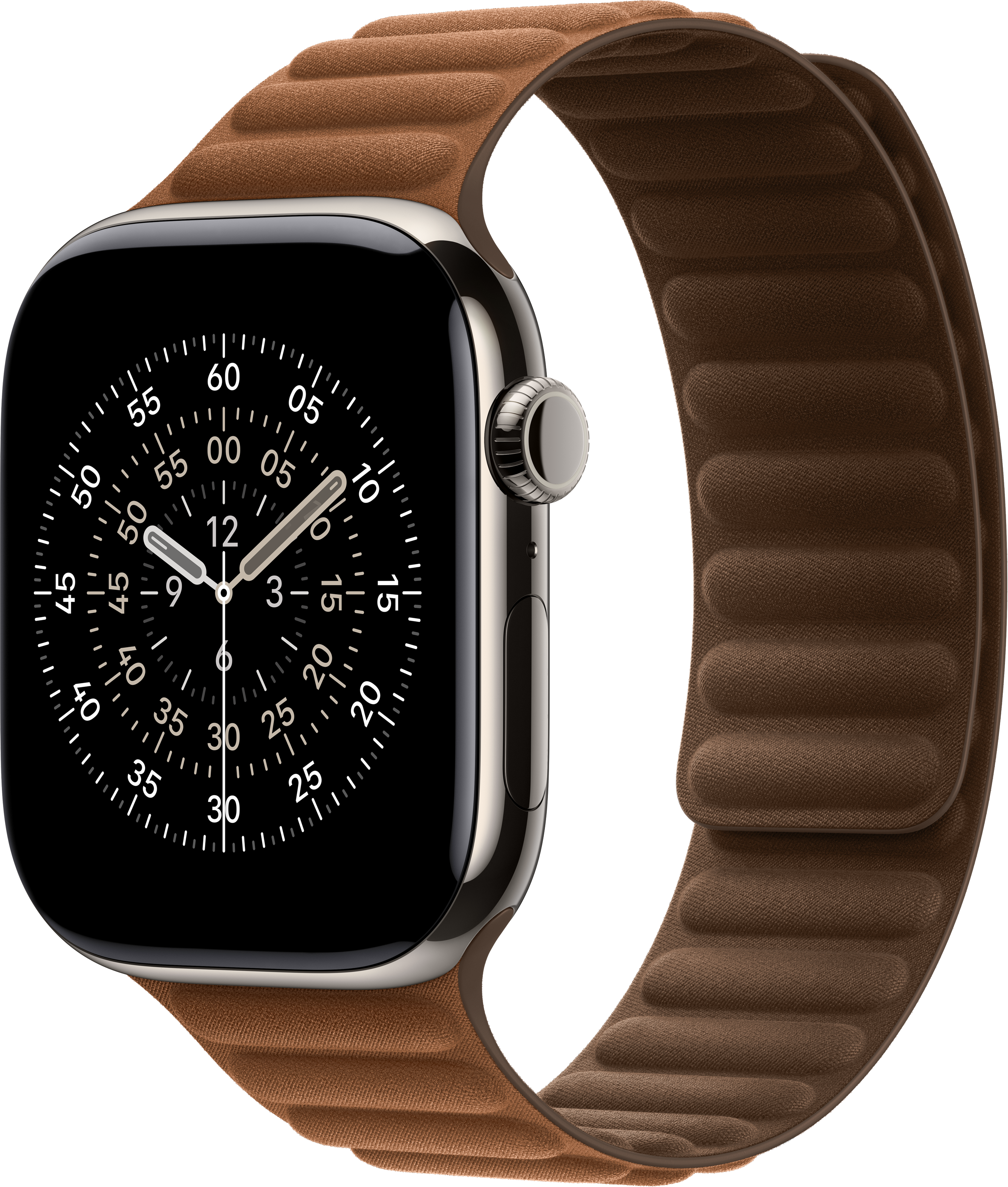 Apple Watch avec bracelet en cuir marron. Le cadran affiche l'heure. Le fond est noir.