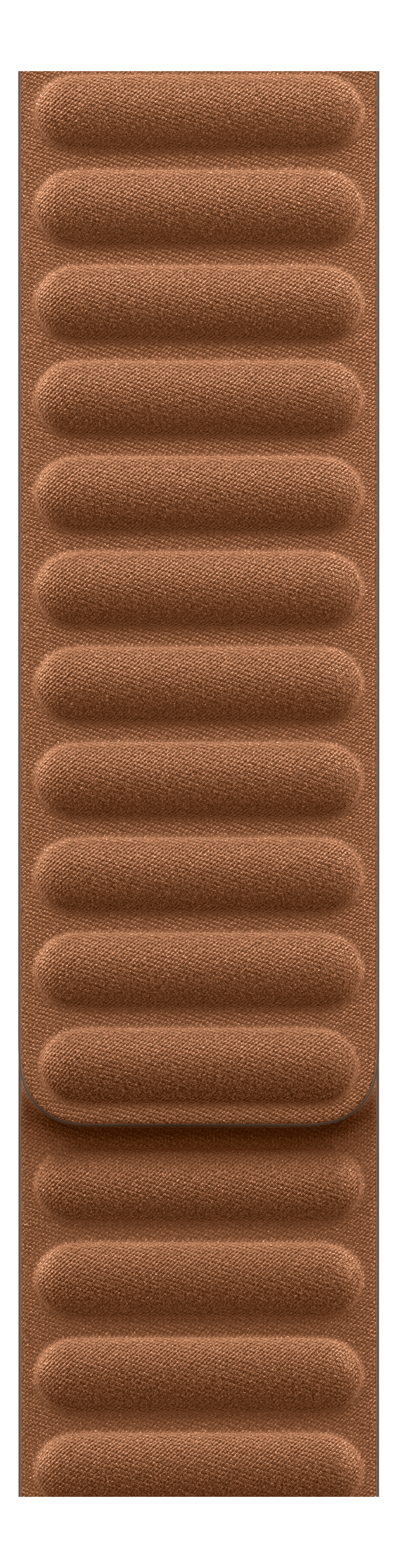Un bracelet en cuir marron avec des sections rembourrées horizontales, peut-être pour une montre. Le fond est noir.