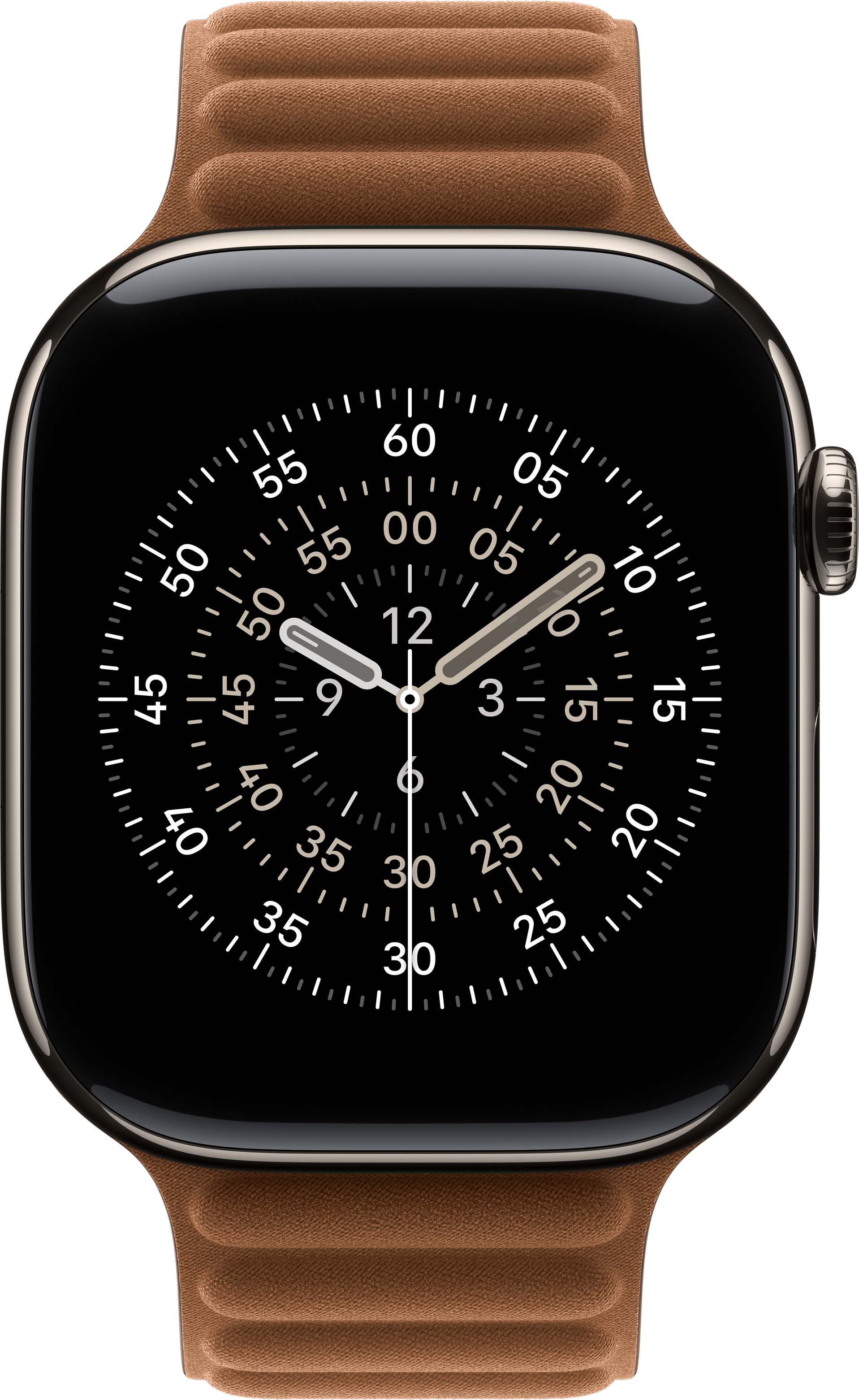 Une Apple Watch avec un cadran noir, affichant l'heure, entourée d'un bracelet en cuir marron. La montre est sur fond noir.