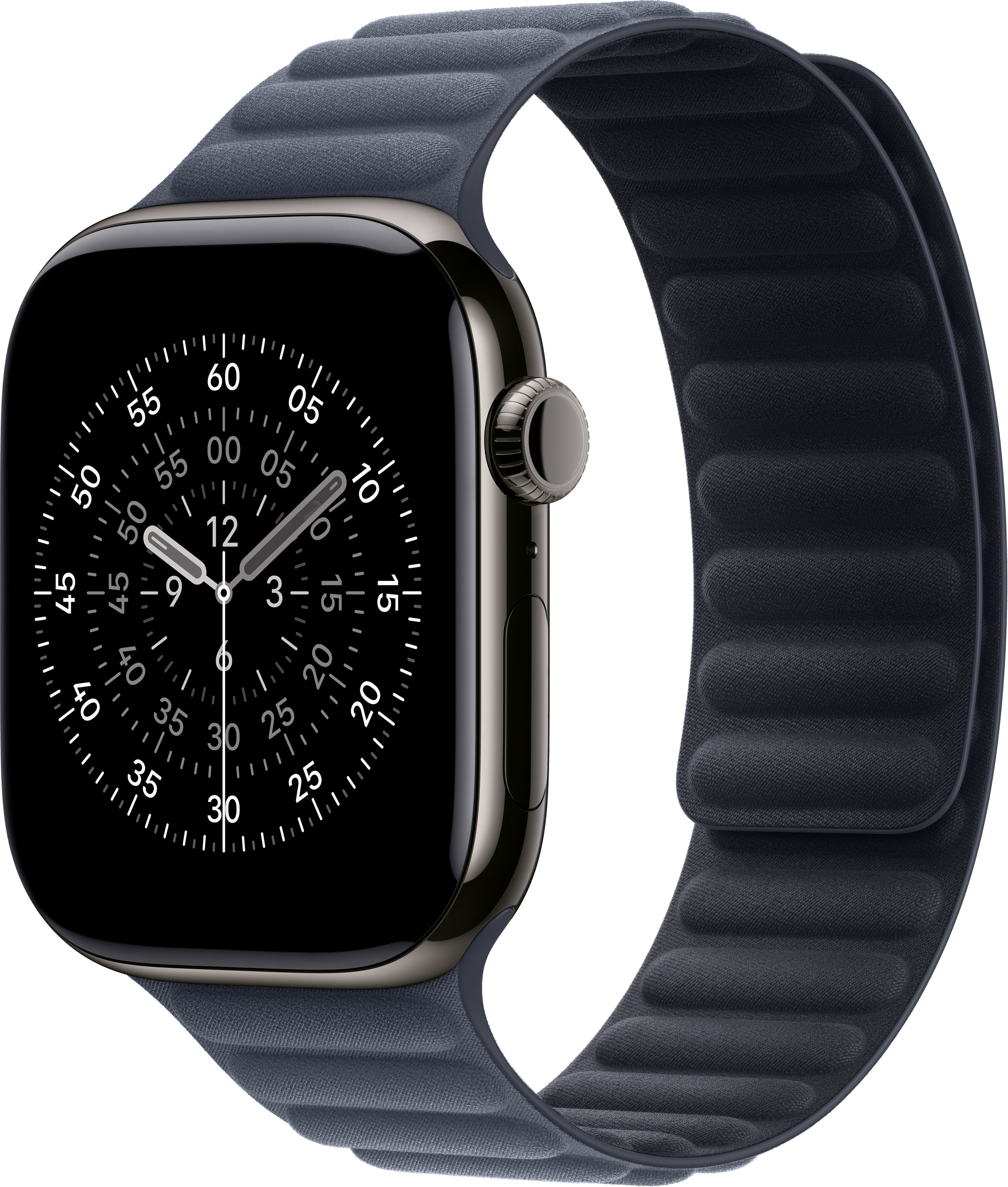 Une Apple Watch bleu foncé avec un bracelet assorti. Le cadran affiche l'heure. Fond noir.