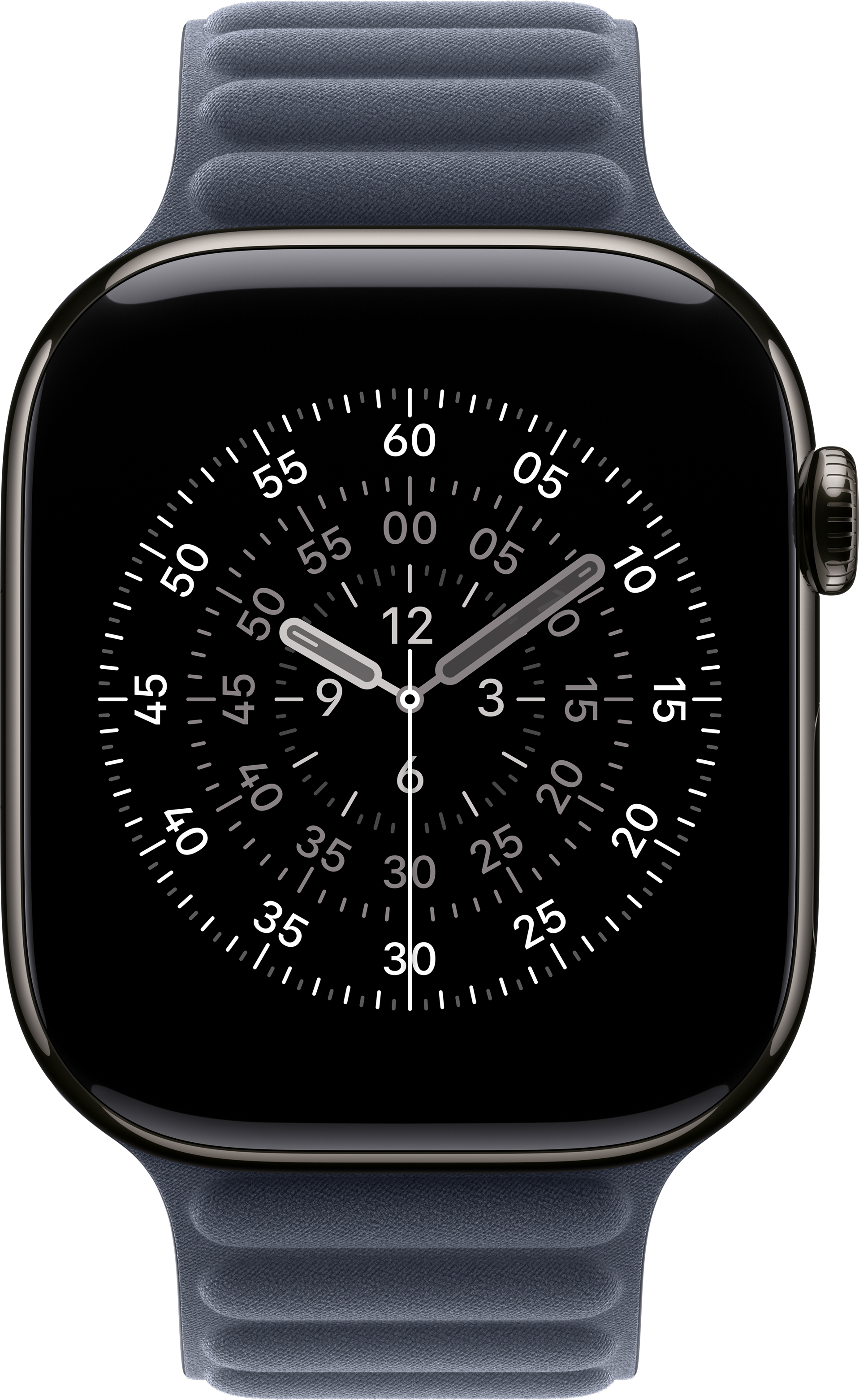 Une Apple Watch noire avec un bracelet bleu foncé. Le cadran affiche un fond noir avec des chiffres et des aiguilles blancs.