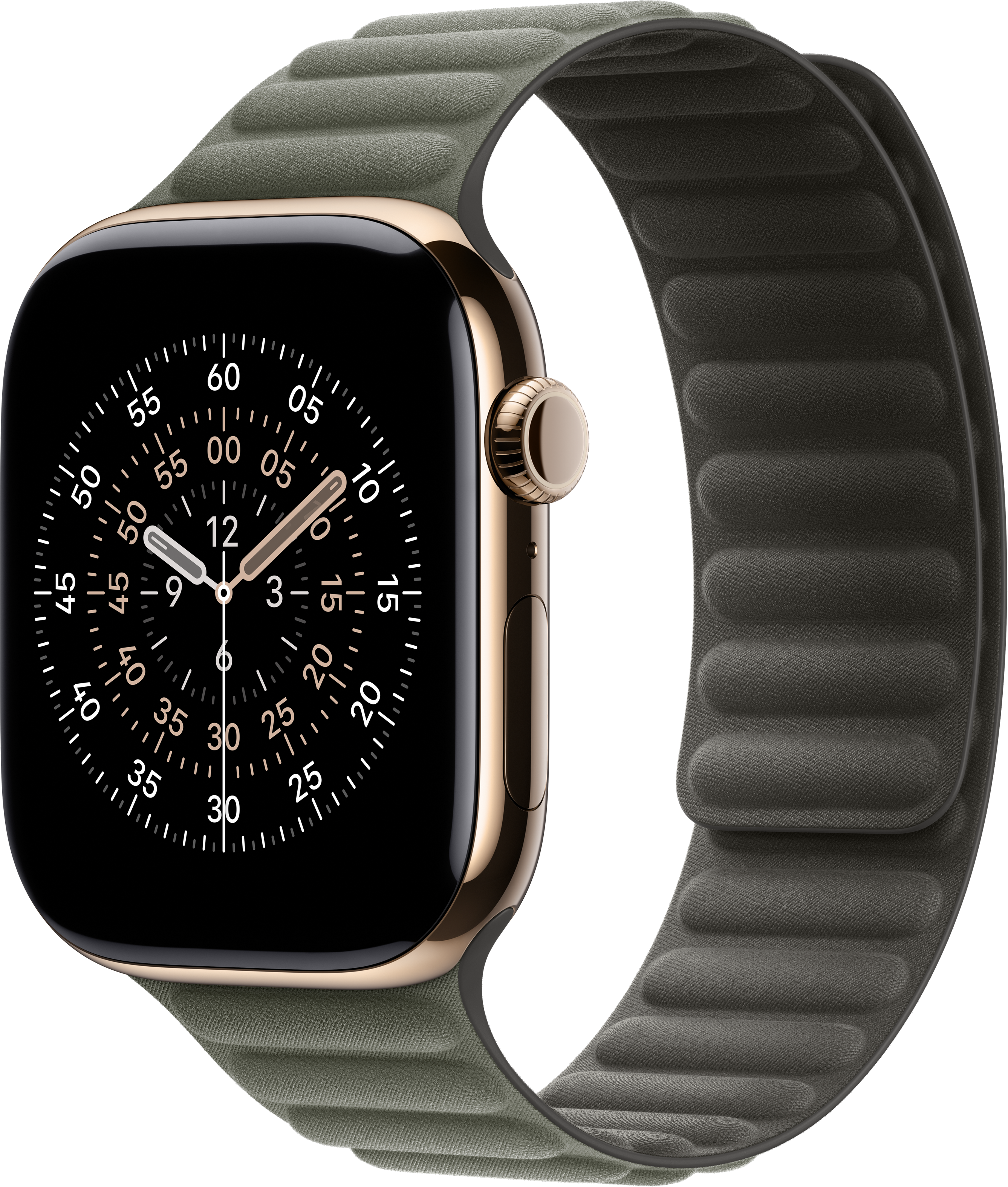 Goldene Apple Watch mit grünem Armband vor schwarzem Hintergrund. Das Zifferblatt zeigt die Uhrzeit an.