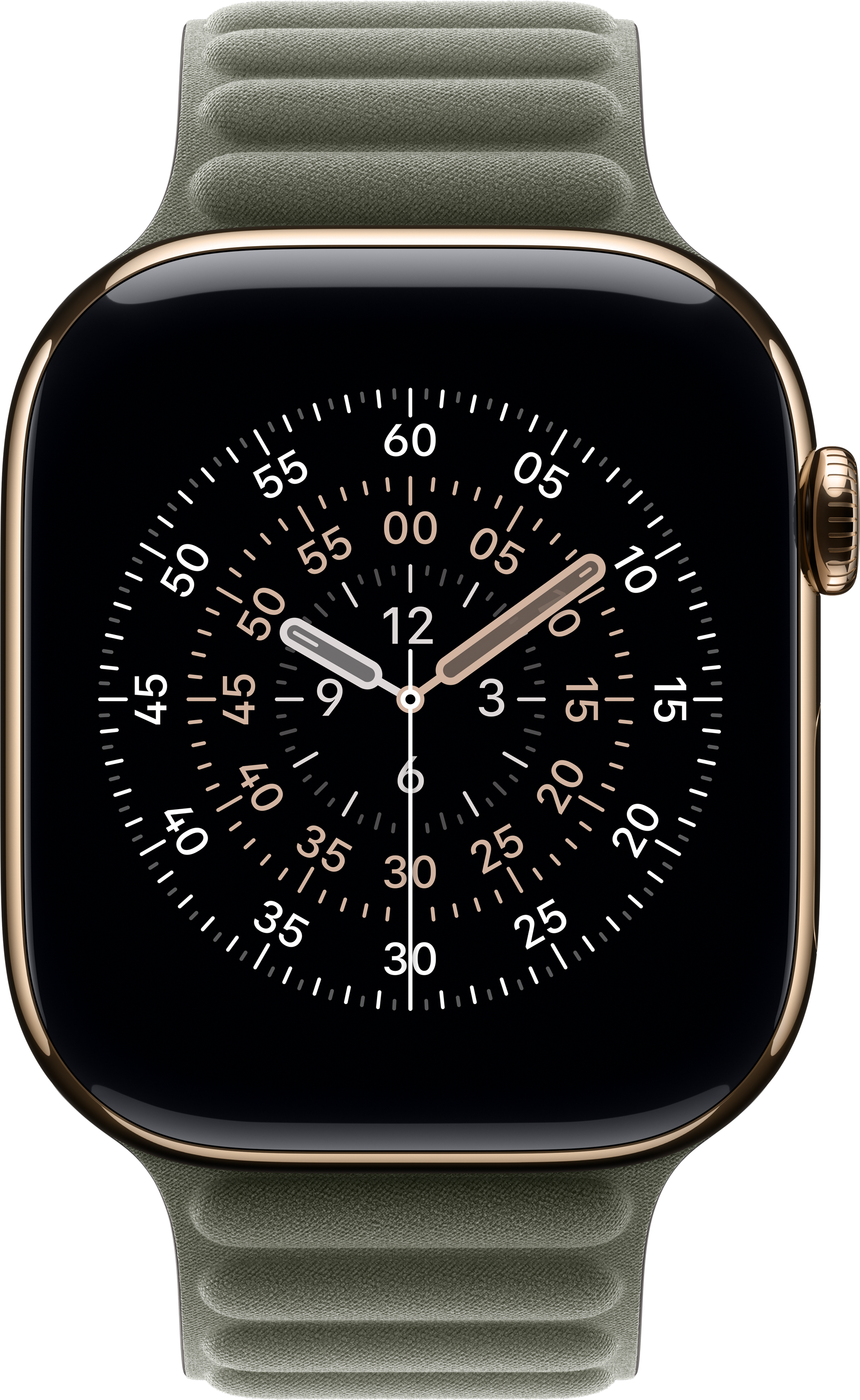 Eine goldene Apple Watch mit schwarzem Ziffernblatt, die die Uhrzeit anzeigt. Sie hat ein olivgrünes Armband. Das Ziffernblatt zeigt die Zeit an.