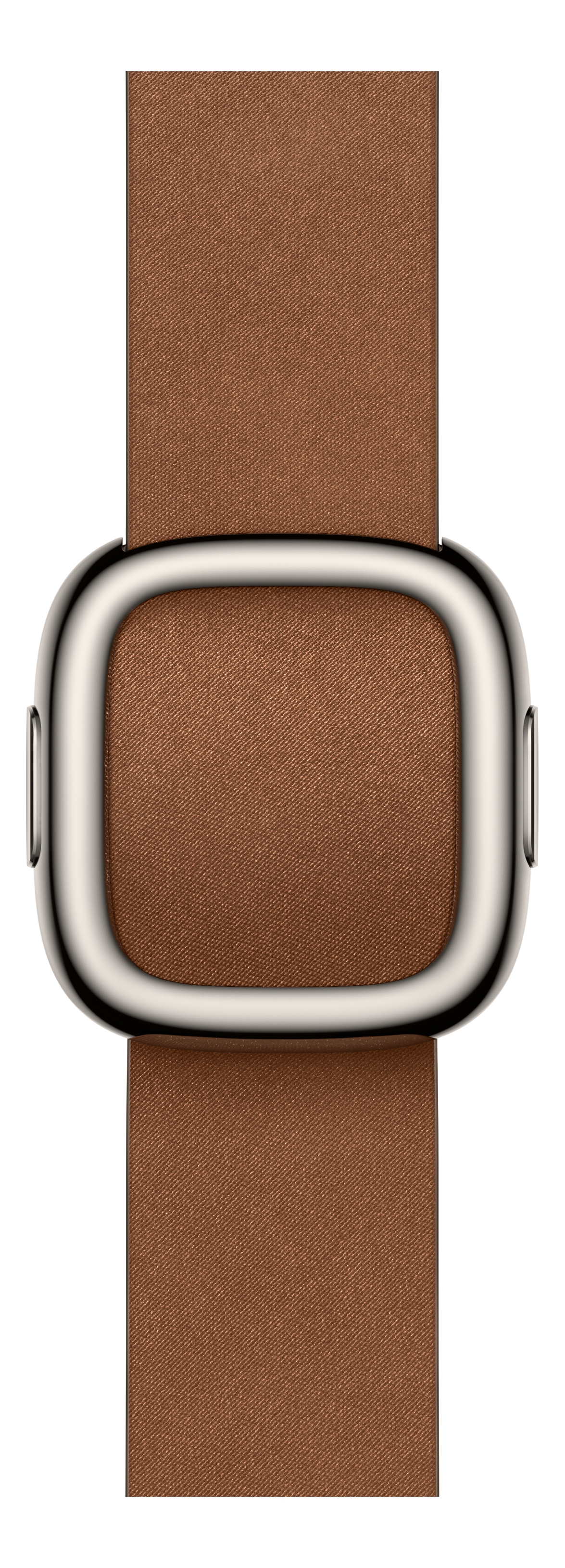 Un bracelet de montre en cuir marron avec une boucle argentée est centré sur fond noir.