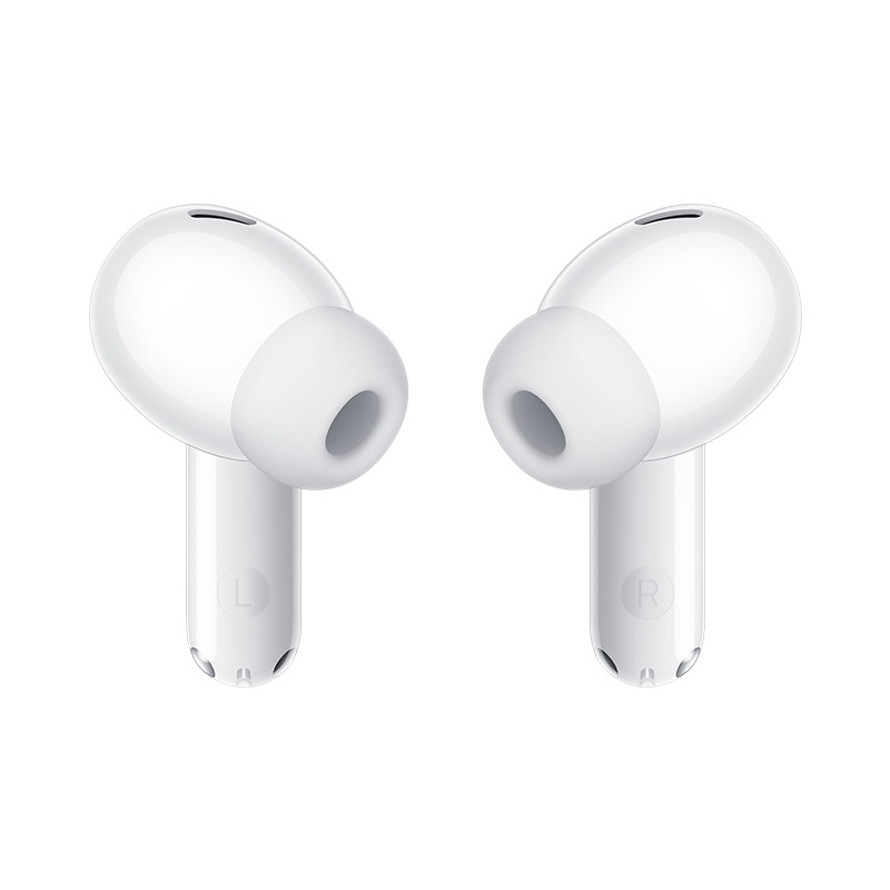 Dwa białe bezprzewodowe słuchawki douszne, ustawione naprzeciwko siebie. Każda słuchawka ma zaokrągloną końcówkę i trzpień. Tło jest białe.