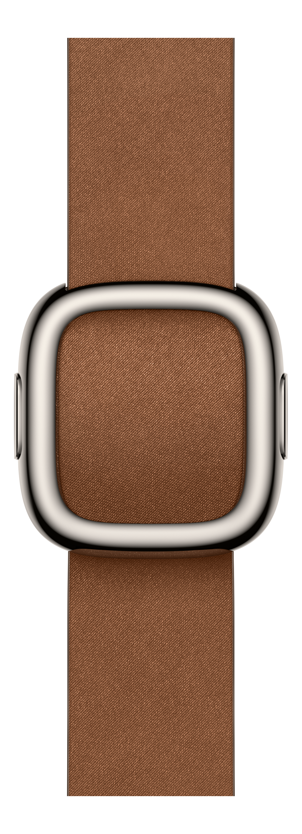 Un bracelet de montre en cuir marron avec une boucle argentée. Le fond est noir.