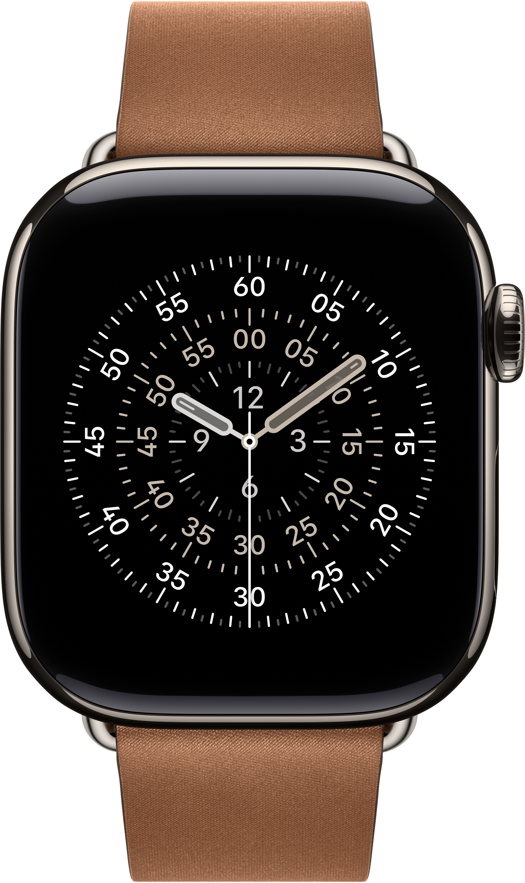 Gros plan d'une montre connectée avec cadran noir, chiffres blancs et bracelet en cuir marron.