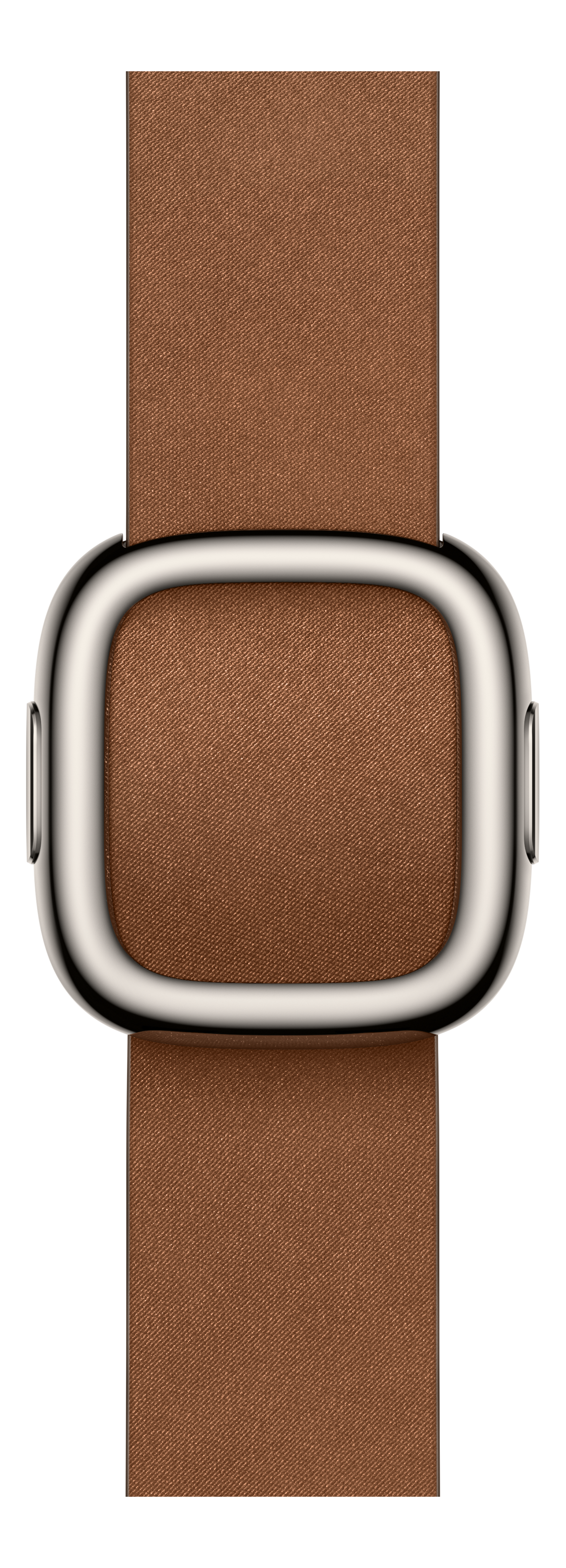 Un bracelet de montre marron avec une boucle argentée sur fond noir. Le bracelet est texturé.